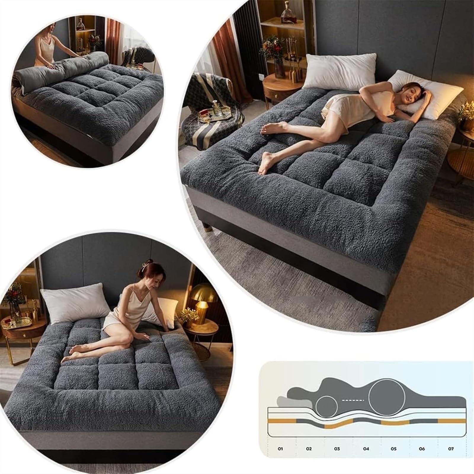 Große, dicke Tatami-Matratze, faltbare Matratze, rollbare Matratze, tragbare Matratze, Bettdecke, Schlafmatte, Tatami-Matte mit Federstofffaser, Einzel-Doppelbett (grau, 90 x 200 cm, 1,2 kg)(Grey,200x