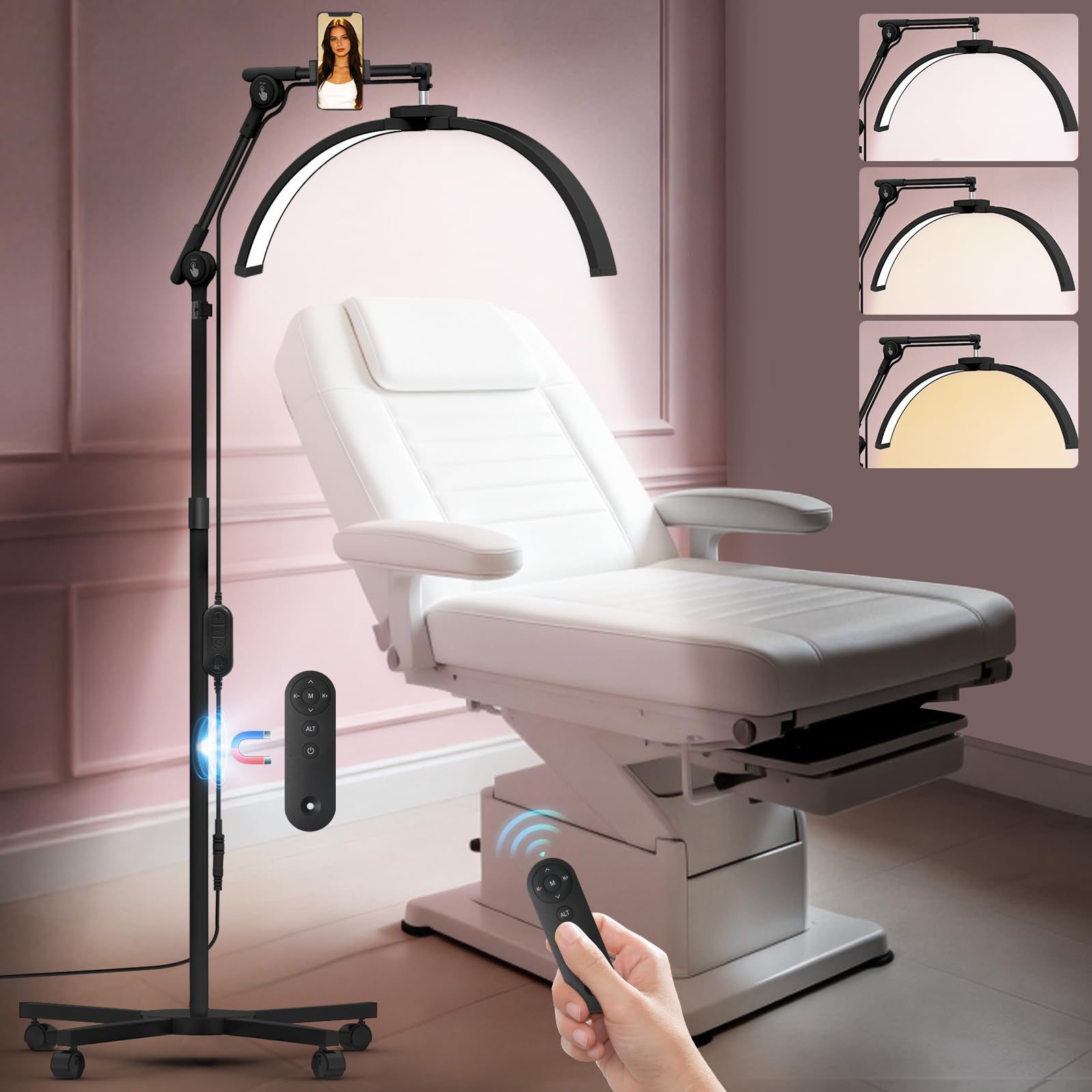 Diesisa Półksiężyc lampa stojąca do rzęs: przyciemniana lampa LED do rzęs z 4 kółkami – uchwyt na telefon komórkowy obracana o 360° głowica świetlna – regulacja wysokości – lampa kosmetyczna do
