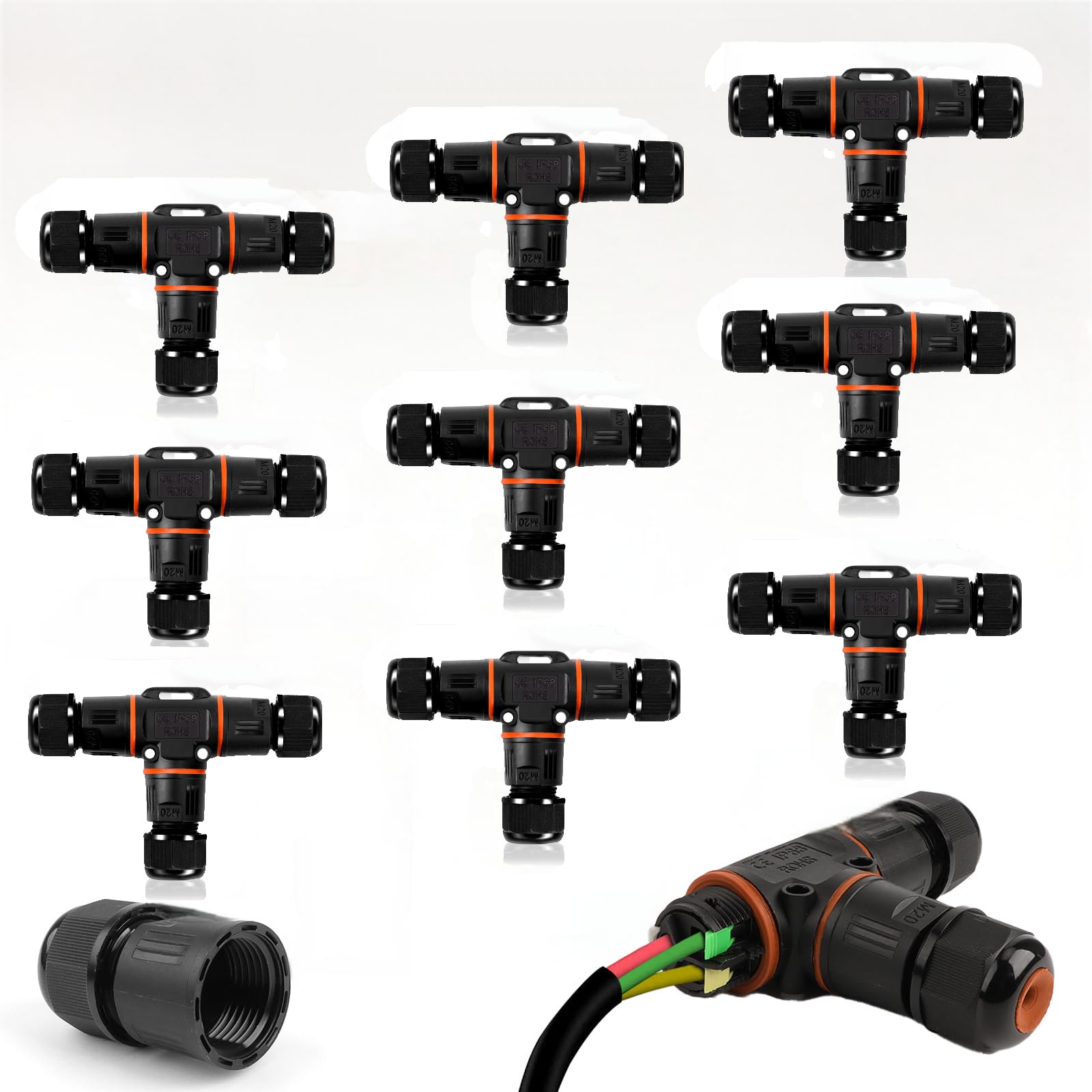 ATPWONZ 9 PCS IP68 Waterproof Junction Box 3 Way, Cable Connector 3 Way Wire Connectors External Junction Box Extension Electrical Cable Protector (with holes)