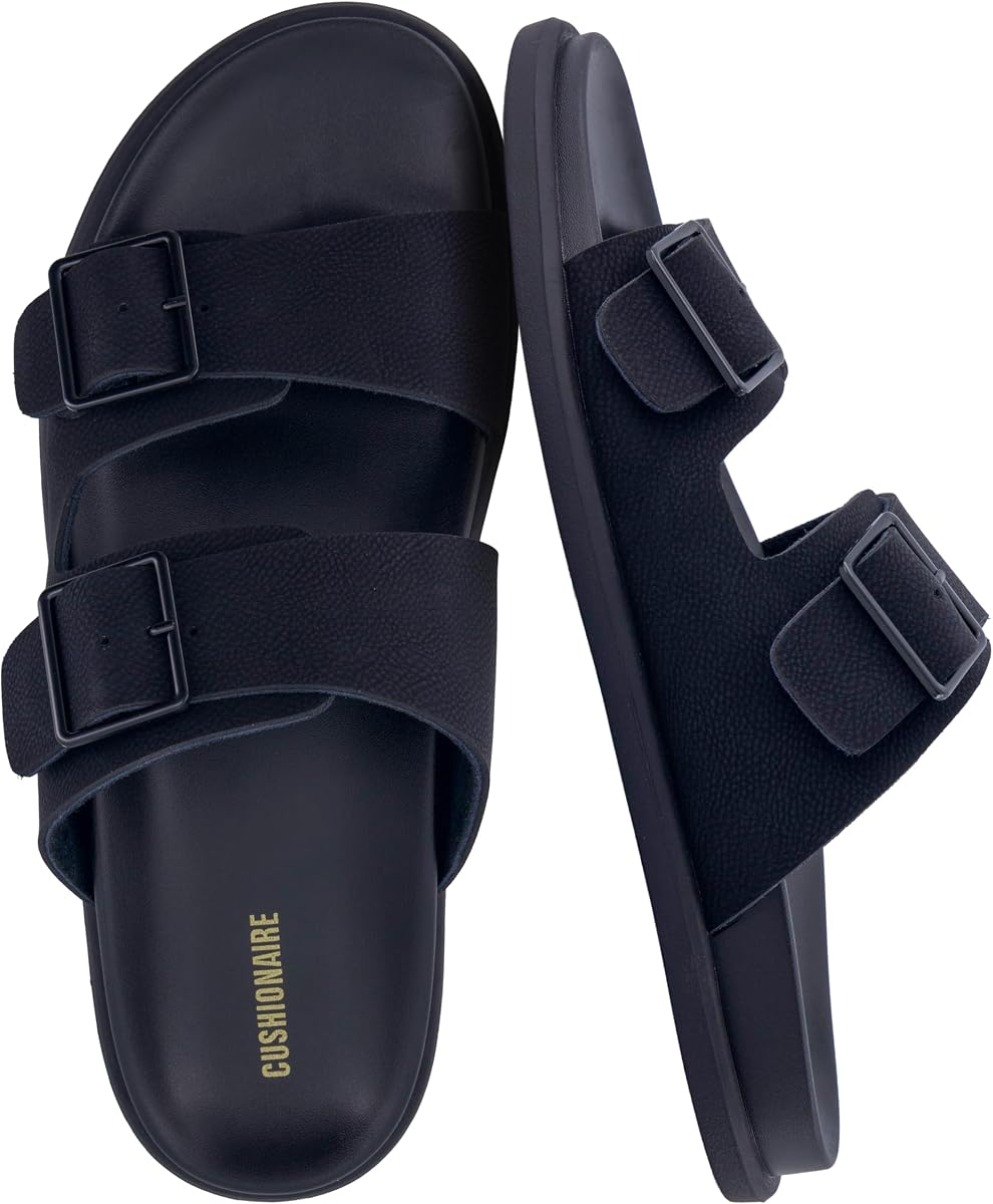 CUSHIONAIRE Alpha Sandalias para hombre 100% cuero genuino, sandalias planas informales para hombre con hebillas ajustables