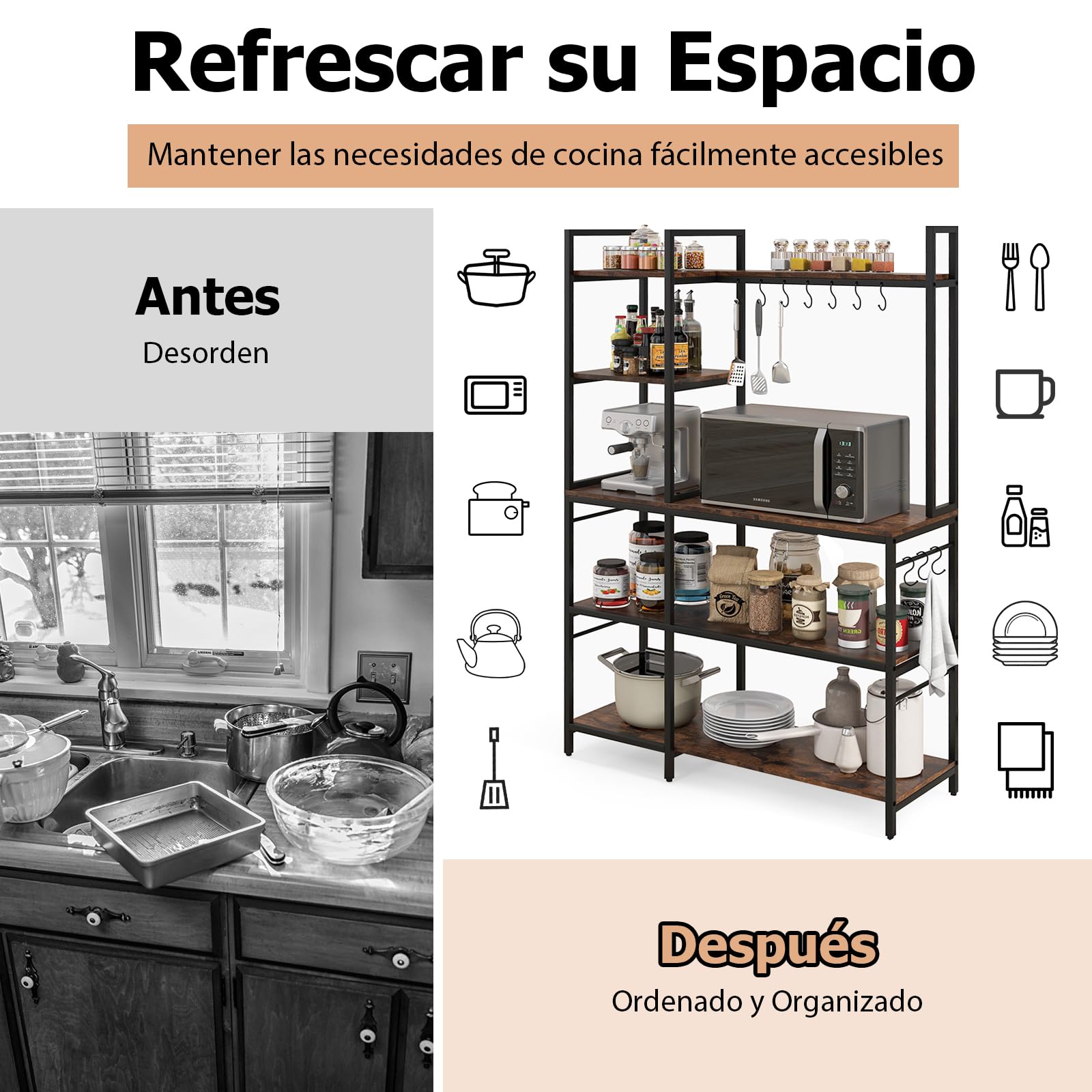 GOPLUS Estantería de Cocina con 5 Estantes y 10 Ganchos, Estante Ahorrador de Espacio para Microondas, Estante Multiusos para Panadería con 6 Patas Regulables, Estilo Industrial, 107 x 37 x 160 cm