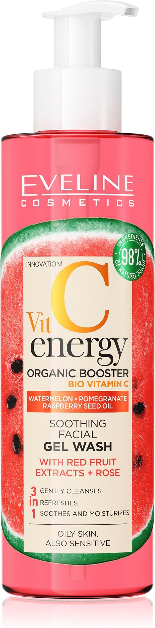 Eveline Vitamin C Energy Organic Booster Soothing Facial Gel Wash | Watermelon, Pomegranate, Raspberry Seed Oil | Enriched with Red Fruit Extracts and Rose | For Oily and Sensitive Skin | 200ml