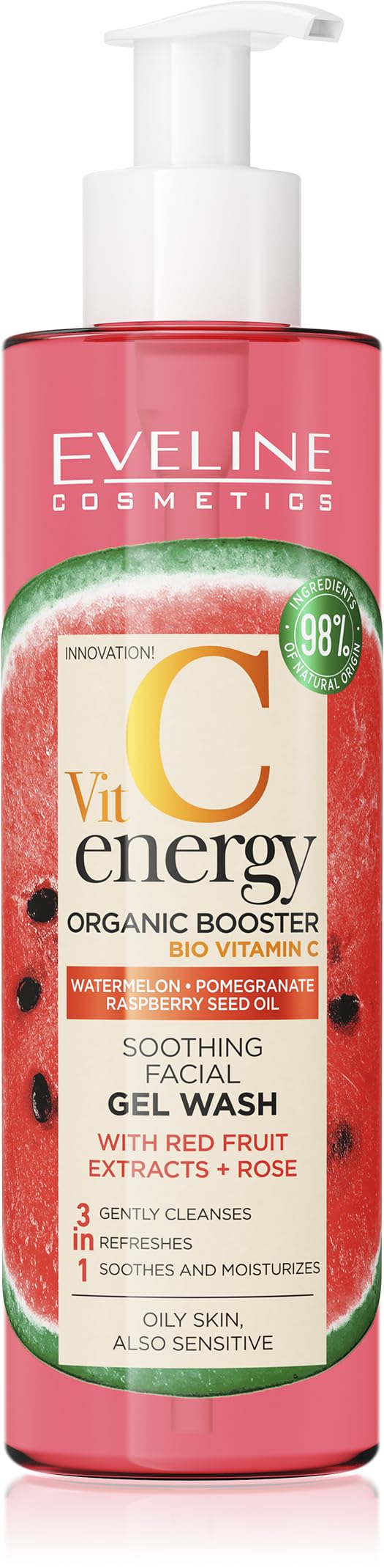 Eveline Vitamin C Energy Organic Booster Soothing Facial Gel Wash | Watermelon, Pomegranate, Raspberry Seed Oil | Enriched with Red Fruit Extracts and Rose | For Oily and Sensitive Skin | 200ml