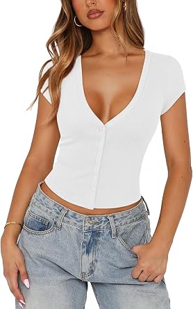 Womens Ribbed Button Down Shirt Cap Sleeve Tops for Women Button Up Knit Slim Fit Casual Y2K Crop Going Out Top