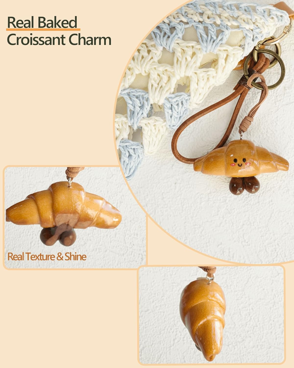 Croissant Keychain, Real Bread Croissant Keychain, Cute Smiling Mini Croissant Bag Charm for Bag, Creative Bakery-themed Gift - Image 4