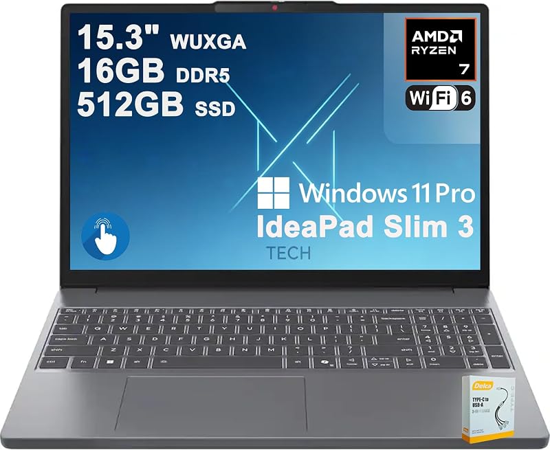 Lenovo IdeaPad Slim 3 Business Laptop | 15.3" WUXGA IPS Anti-Glare Touchscreen | AMD 8-core Ryzen 7 170 | 16GB DDR5 512GB SSD | Type-C Privacy Camera Long-Lasting Battery Win11Pro w/DLCA Accessor