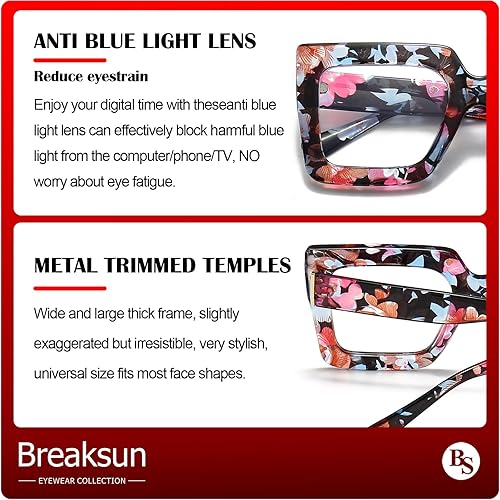 Miniatura 4 de Breaksun Gafas de luz azul de gran tamaño para mujer, gafas gruesas cuadradas para computadora, sin receta, color negro