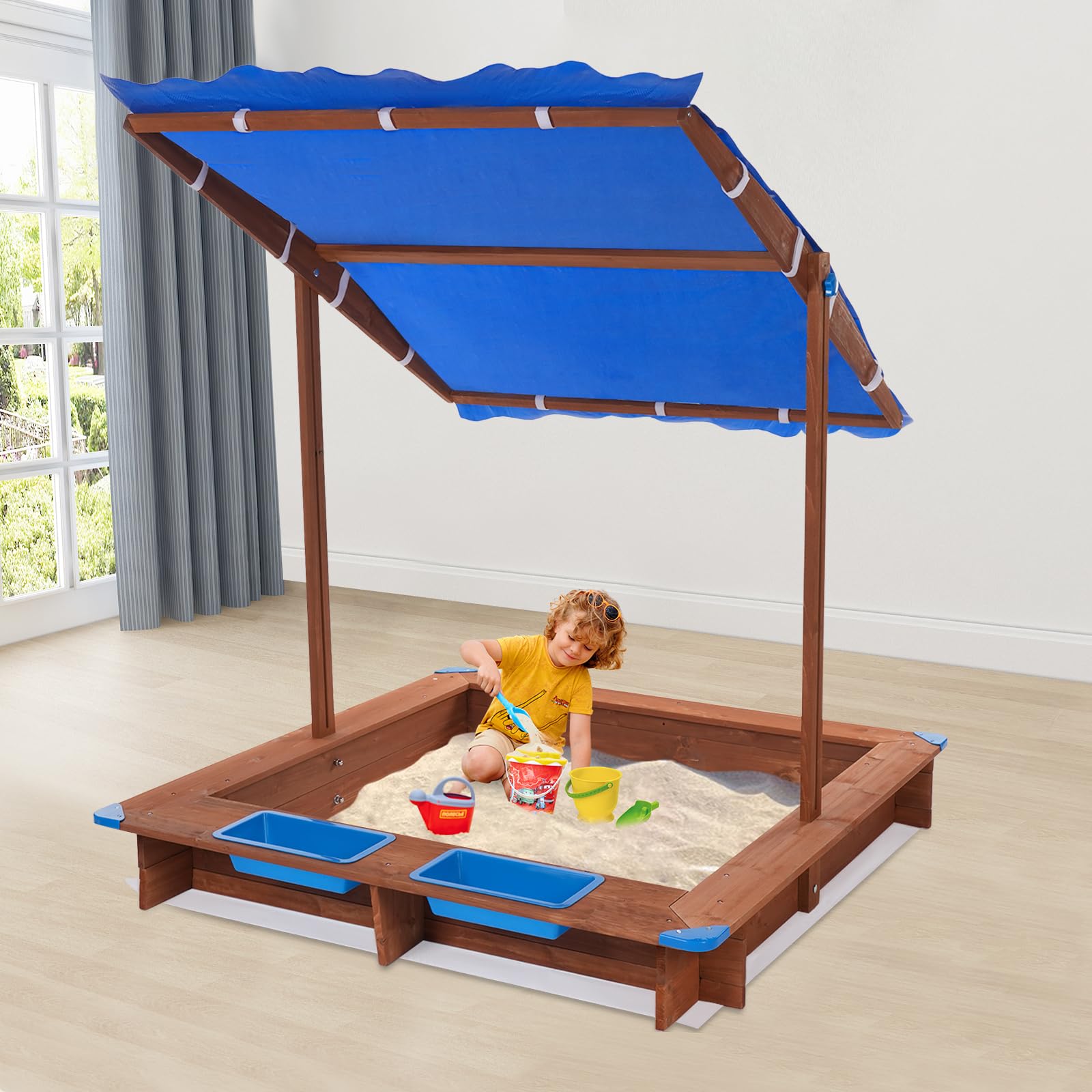 Sabbiera in legno per bambini con copertura del tetto, 126 x 121 x 118 cm, sabbiera in legno blu e marrone, con tappetino per sabbia per giardino, esterno per bambini dai 3 anni ai 14 anni