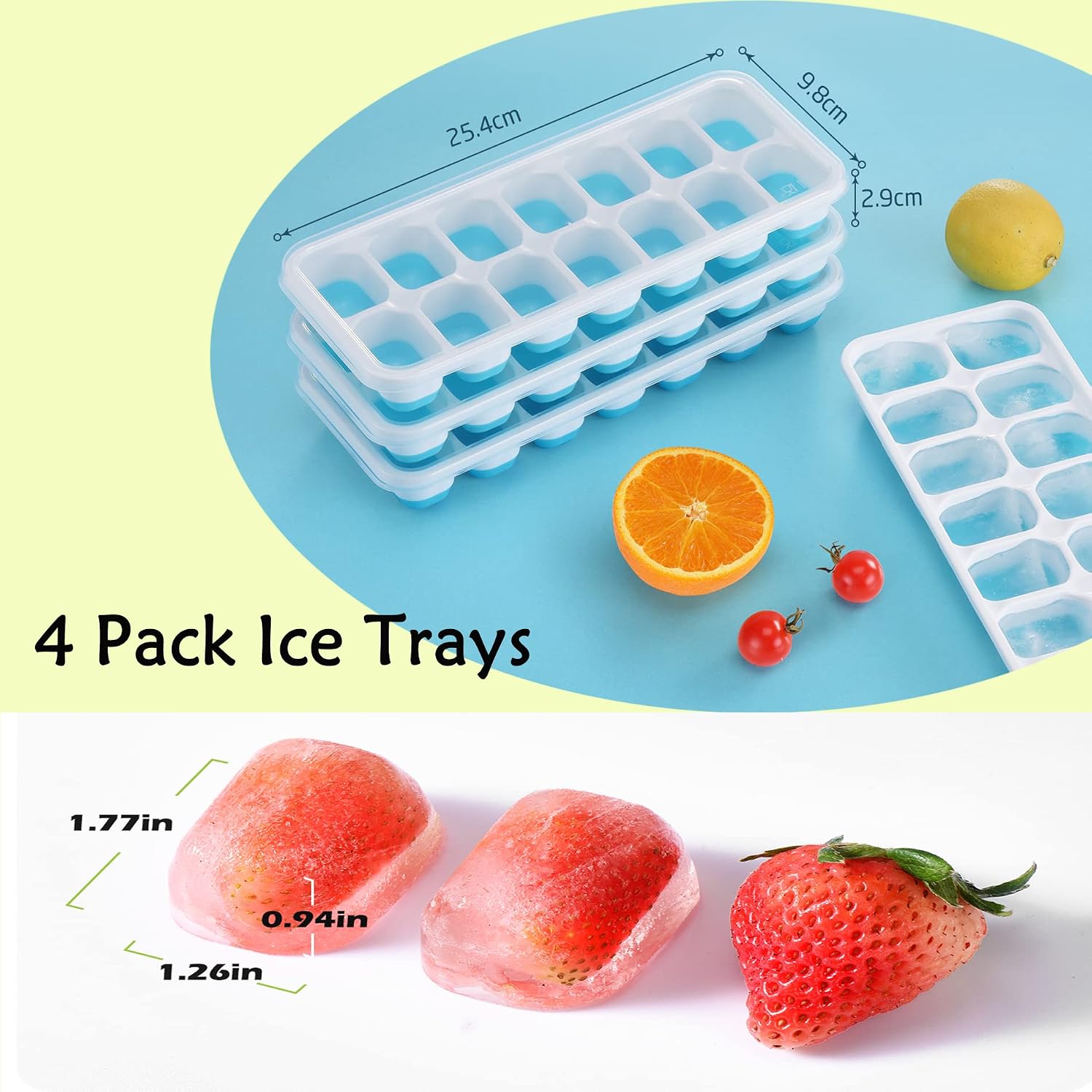 YukaBa Ice Cube Tray 4 Pack, Silicone Trays with Lid Easy Release & Durability, Stackable Bpa Free for Drinks, Fruit, Yogurt, Cocktail, Flexible 14-Ice Freezer, Ocean Blue (Blue)