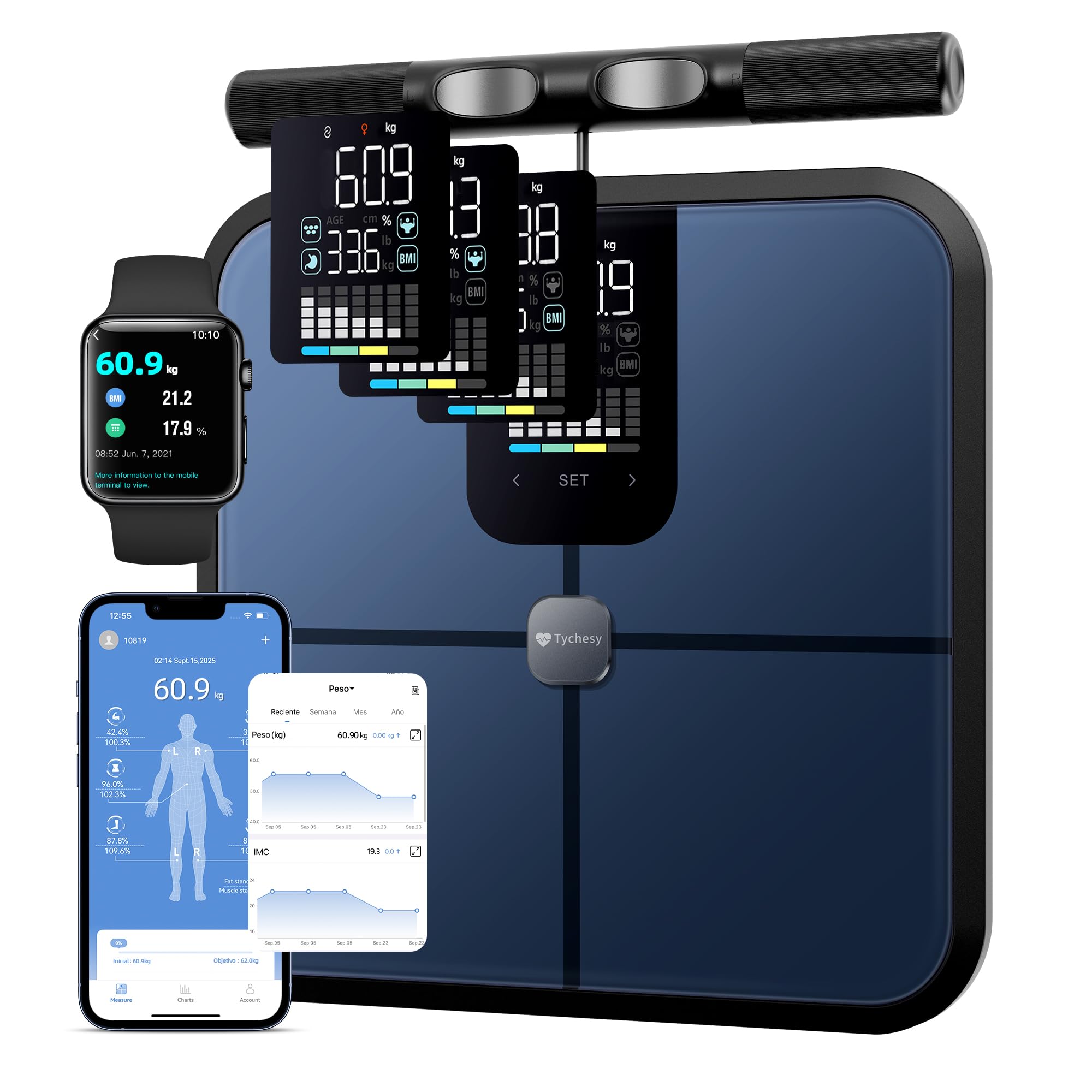 Körperfettwaage mit Handsensoren, 8 Elektrode Waage mit Körperfett und Muskelmasse, BMI, und 29 Körpermesswerte, Digitale Personenwaage mit Körperfettanalyse, Bluetooth App, VA-Display, 180 kg