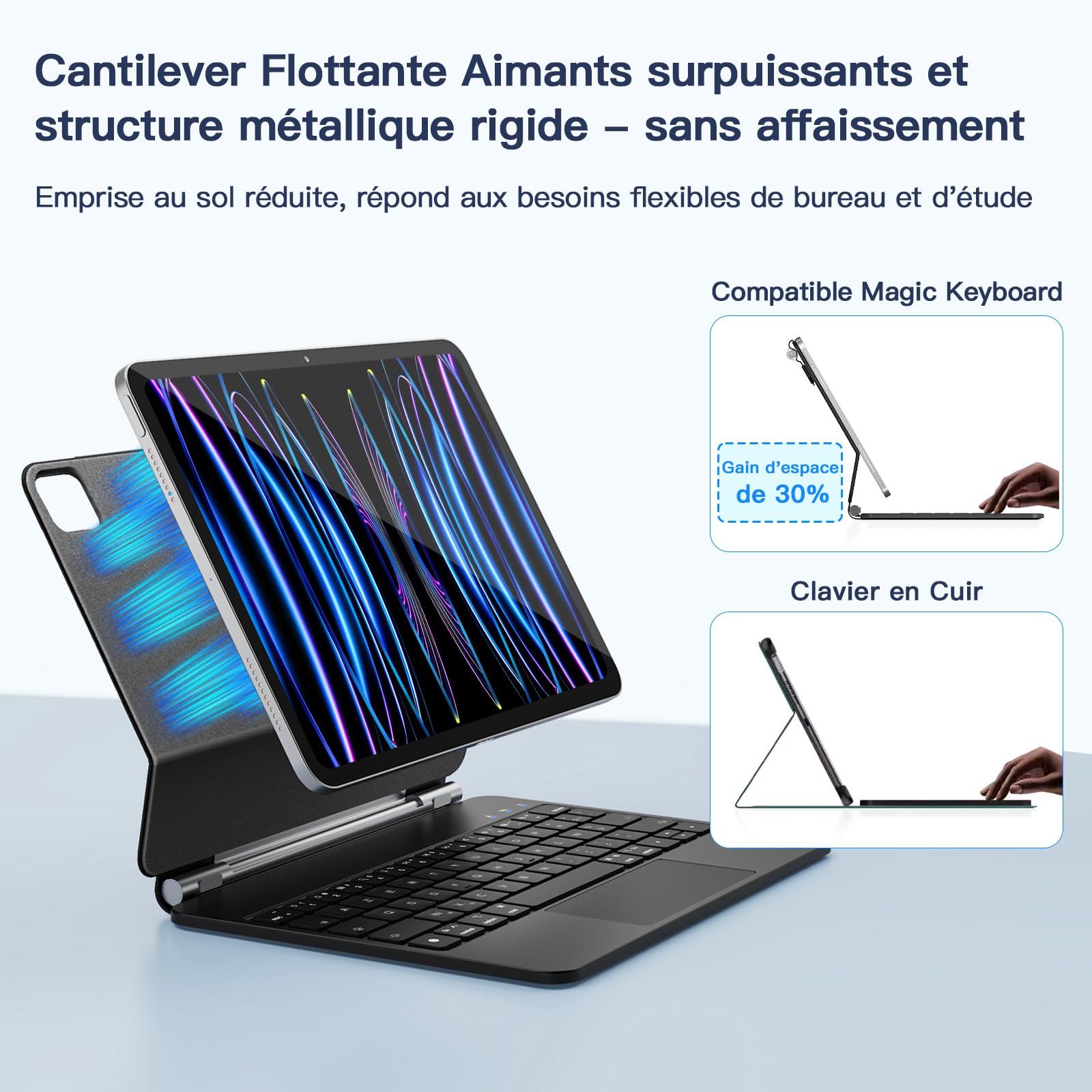 RAYMCRAFT Clavier pour iPad Air 11 Pouces (M4/M3/M2) & iPad Pro 11 Pouces (1re/2e/3e/4e Gén), Magic Keyboard pour iPad Air 5e/4e, Rétroéclairage 11 Couleurs, Smart Trackpad, Boucle pour Stylet, Noir