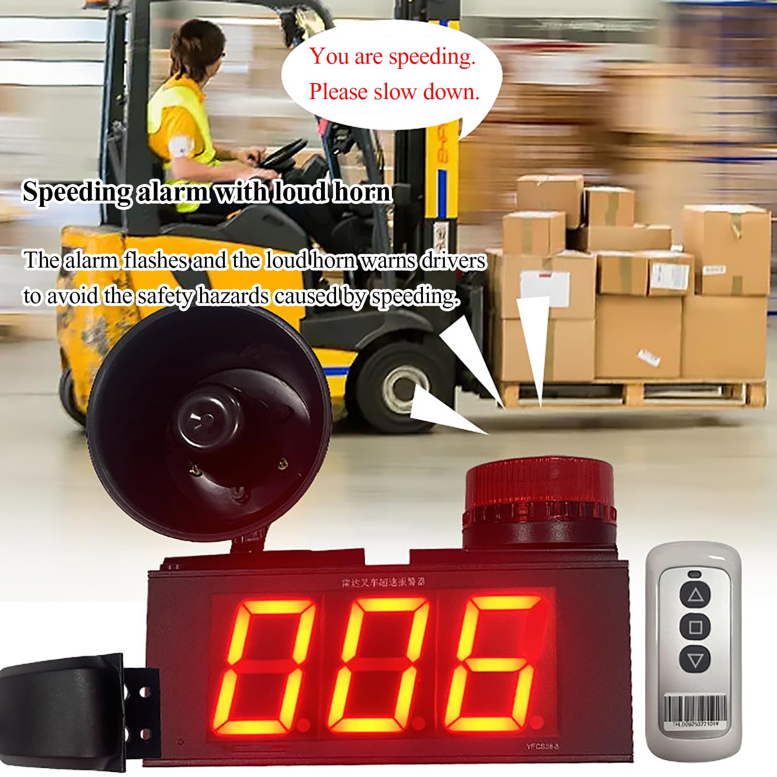 Alarm przekroczenia prędkości wózka widłowego z podwójnym ogranicznikiem prędkości, klakson 120 dB, światło ostrzegawcze, zdalna regulacja prędkości, wyświetlacz prędkości w czasie rzeczywistym, łatwa