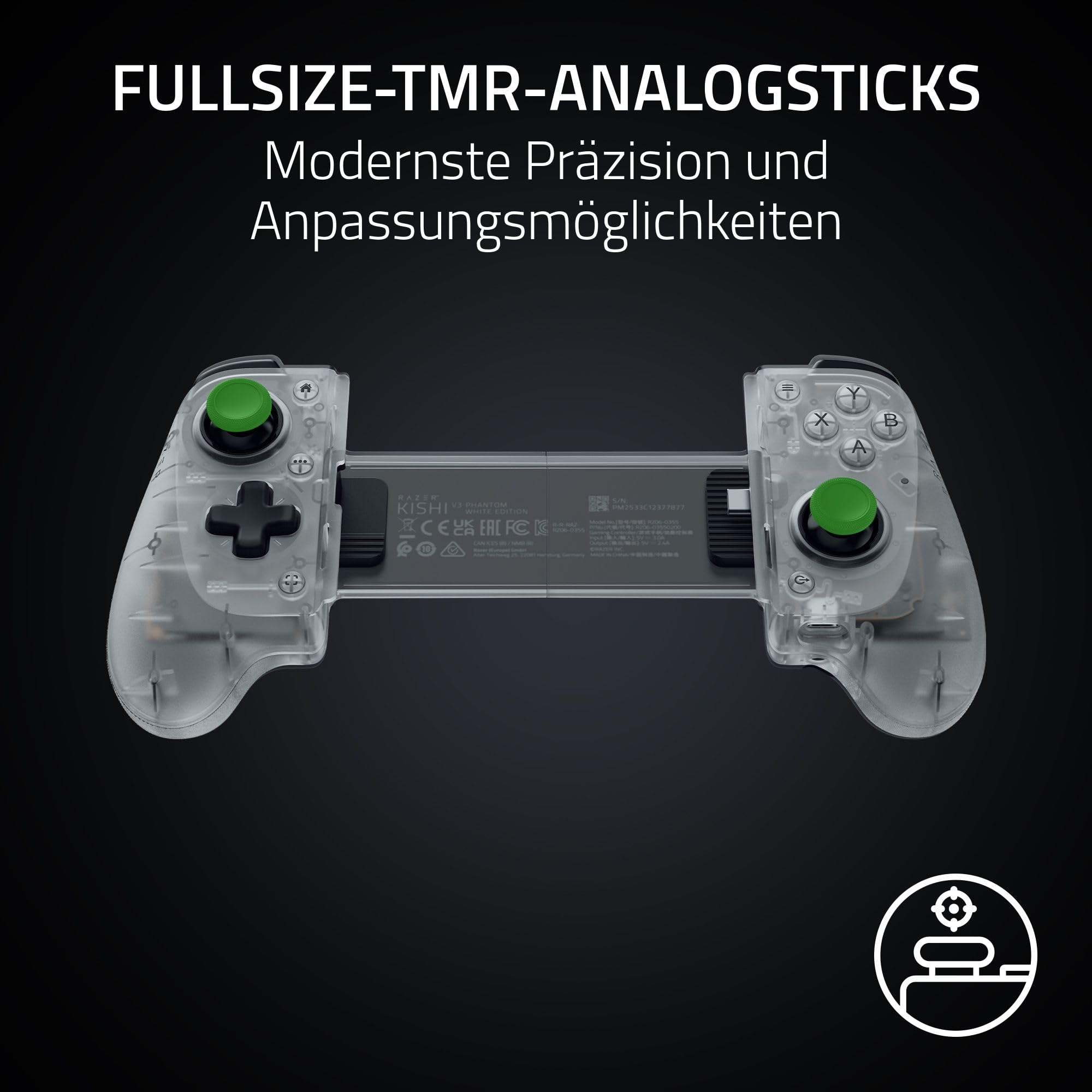 Razer Kishi V3 Phantom White - Fullsize Mobil-Controller für iPhone & Android Smartphones - USB-C Plug-and-Play - Anti-Drift Analogsticks - 12 Tasten - Sensa HD Haptics | Phantom White Edition