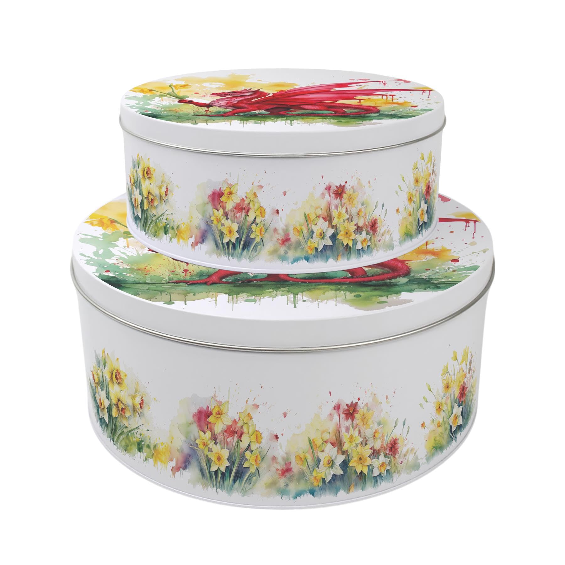 Purely Home Daffodils & Dragon Set of 2 Cake Tins - Nesting Round Large & Medium Metal Storage Containers for Cakes and Baking - Patriotic Welsh Souvenir Kitchen Gifts