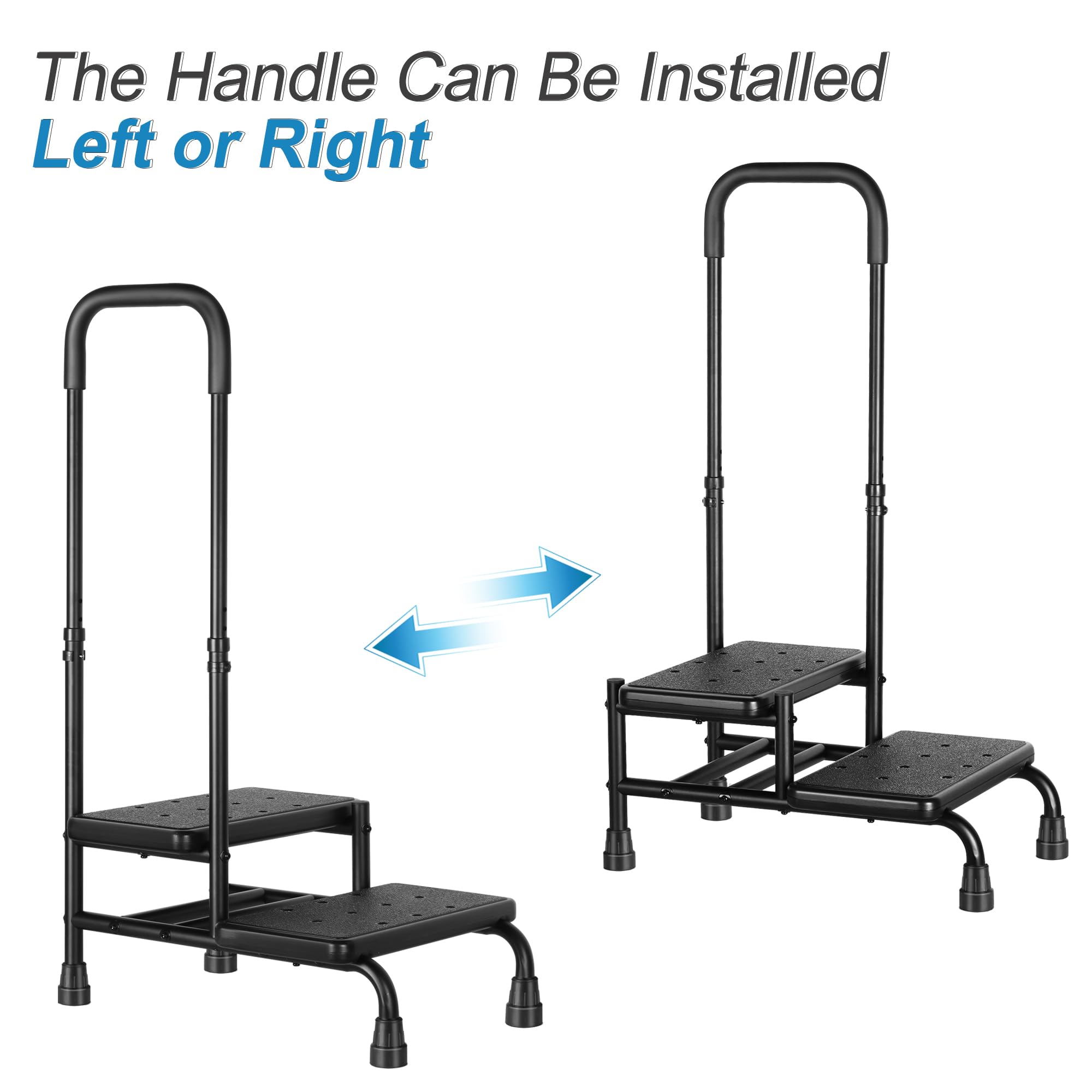REAQER Taburete con asa para adultos, taburete médico de 2 escalones con pasamanos para adultos, personas mayores, discapacitados, soporta hasta 350 libras (negro)