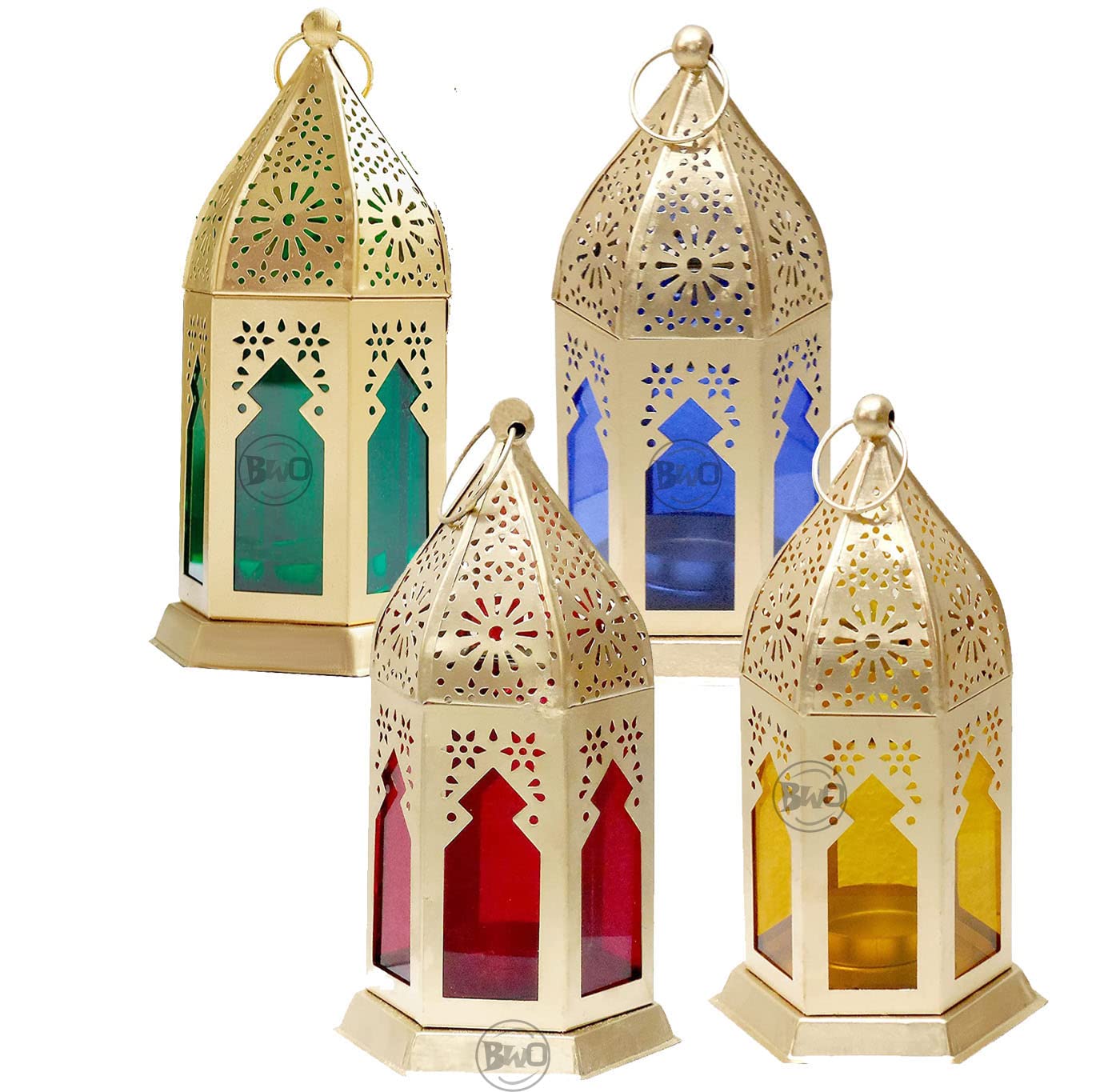 BWO Beautiful Home Collection Decorative Round Hanging Lantern/Lamp with t-Light Candle,Set of 4 (Size 9x9x17 cm) (Multi Color) Sky Blue