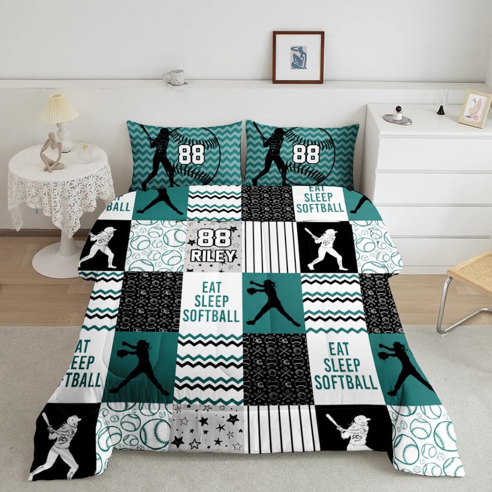 Softball Ball Sports Comforter Set – Bright Teal Yellow Bedding for Women & Girls, Decorative Soft Cozy Bedroom Set Available in Twin, Queen, King Sizes