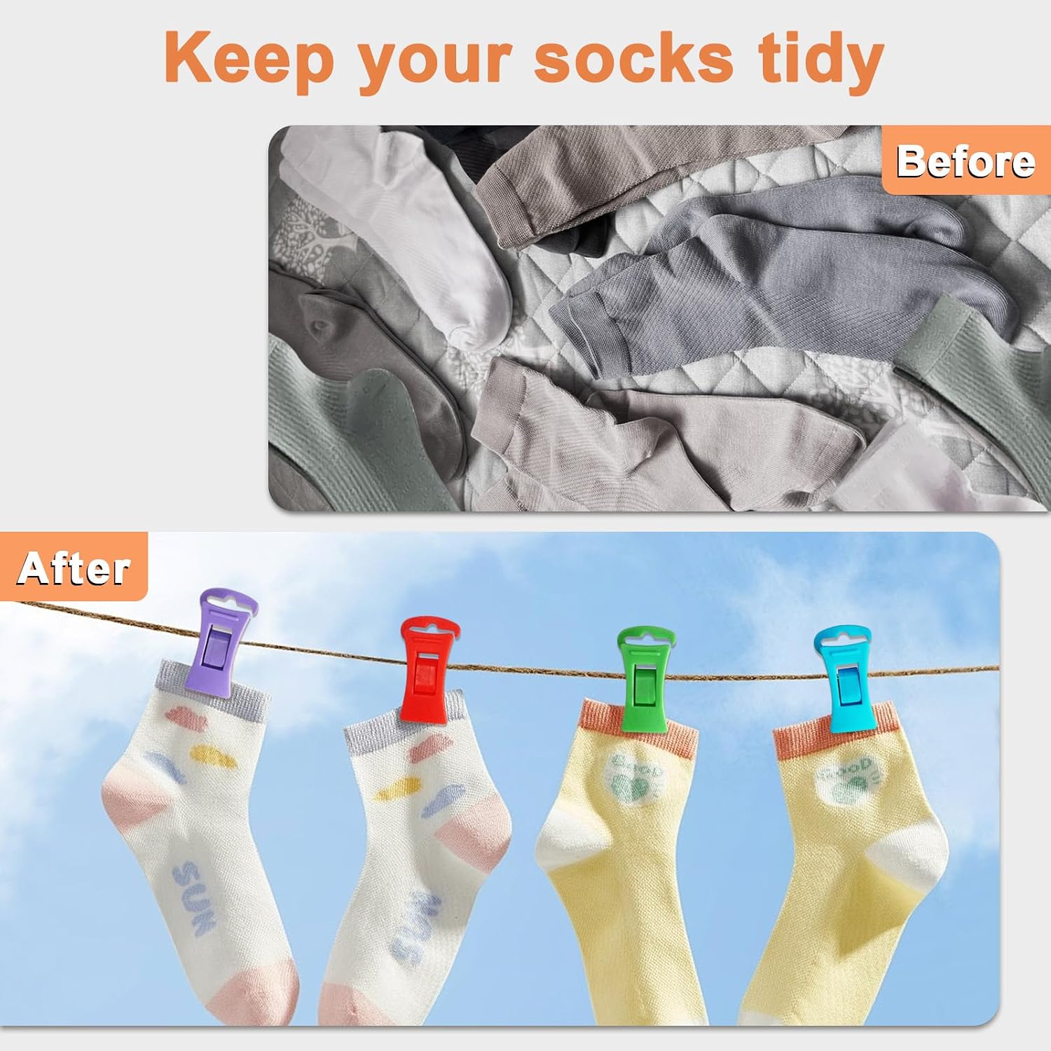 100 Non Slip Sock Clips, with Drawstring Bag and Clothesline