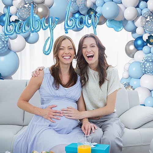 Miniatura 7 de Amandir 137 globos azules para baby shower para niño con cajas de bebé, kit de arco de globos blancos y azules, cajas de bebé con letra