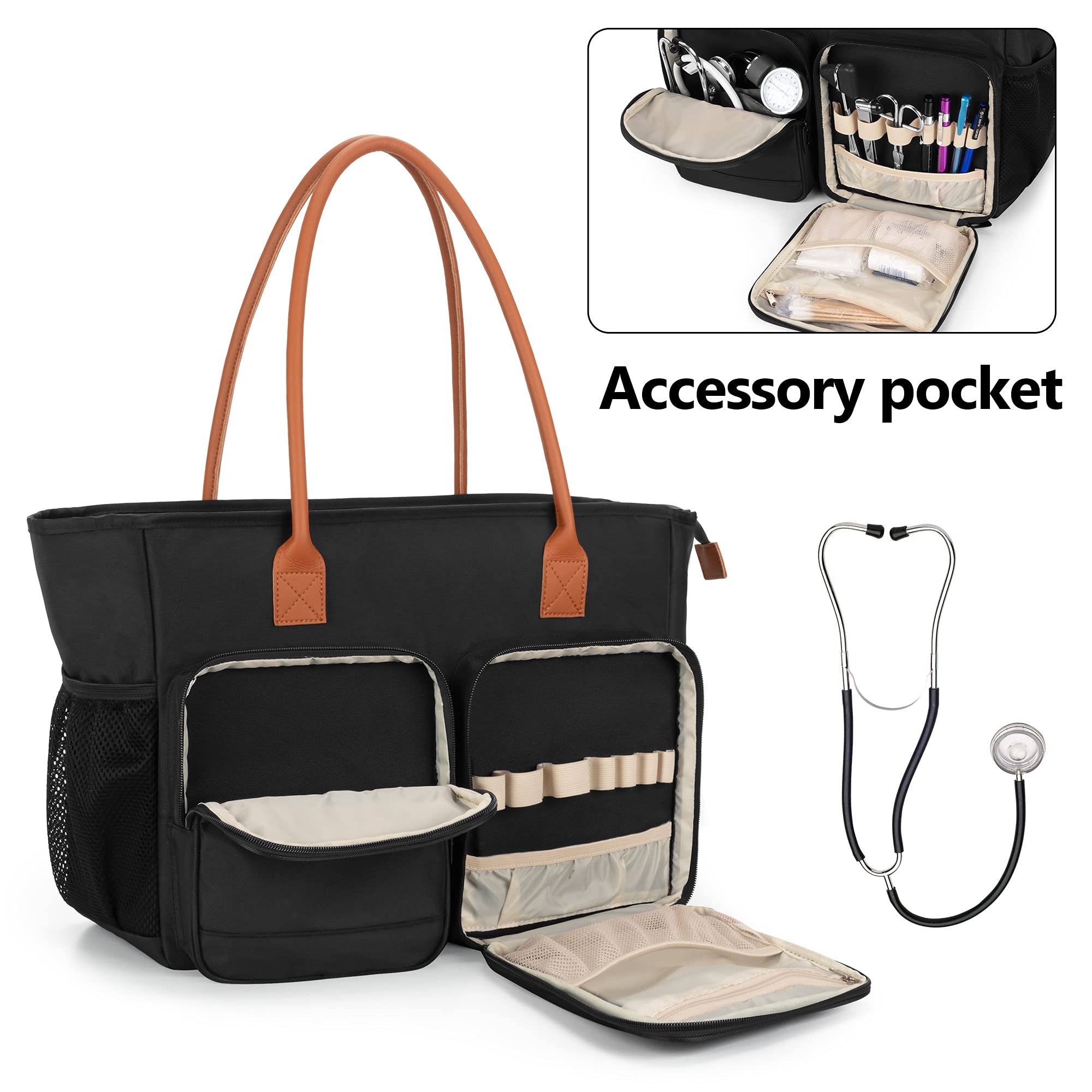 CURMIO Sac fourre-tout pour infirmière, sac médical portable avec bandoulière et housse rembourrée pour ordinateur portable pour le travail d'infirmière, les visites à domicile, Noir (sac uniquement)
