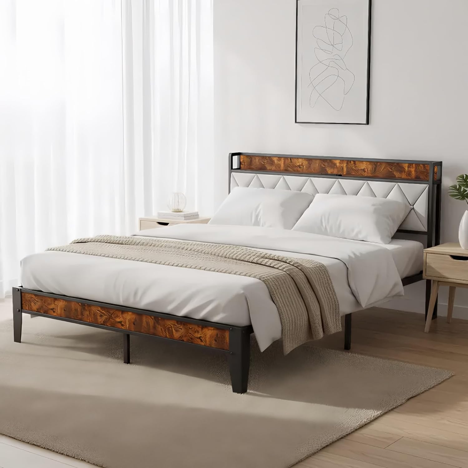 Metal Bed Frame Queen Size with Charging Station & Upholstered Headboard, Heavy Duty Metal Platform Bed Frame No Box Spring Needed, Easy Assembly, Noise-Free, Black