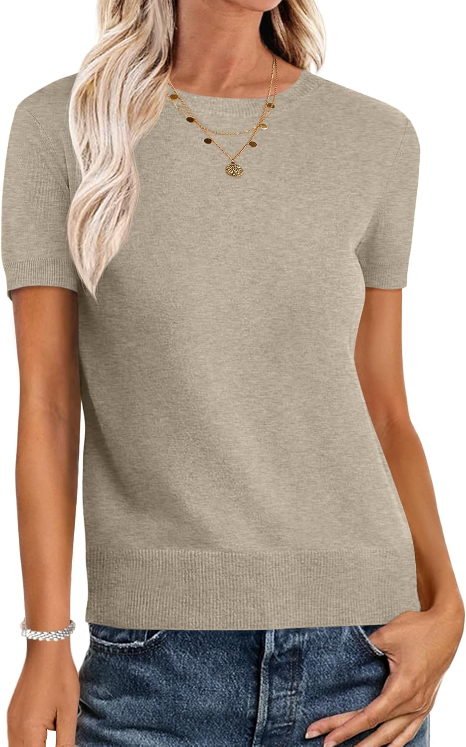 ANRABESS Womens Short Sleeve Sweaters Wool Blend Crew Neck Sweater Shirts Business Casual Work Tops 2026 Summer Outfits