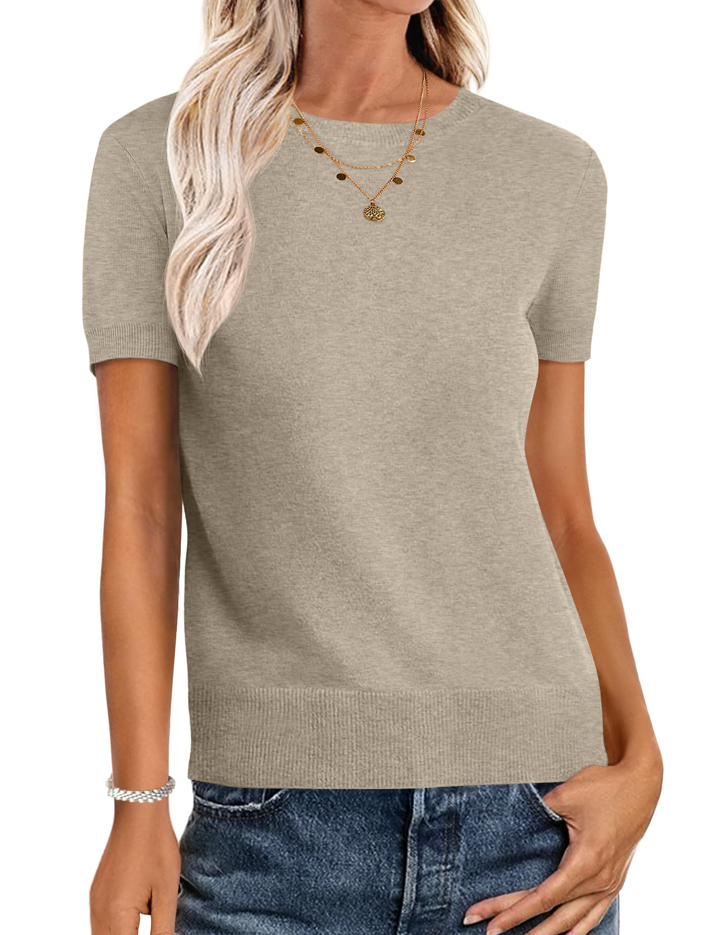 ANRABESS Womens Short Sleeve Sweaters Wool Blend Crew Neck Sweater Shirts Business Casual Work Tops 2026 Summer Outfits
