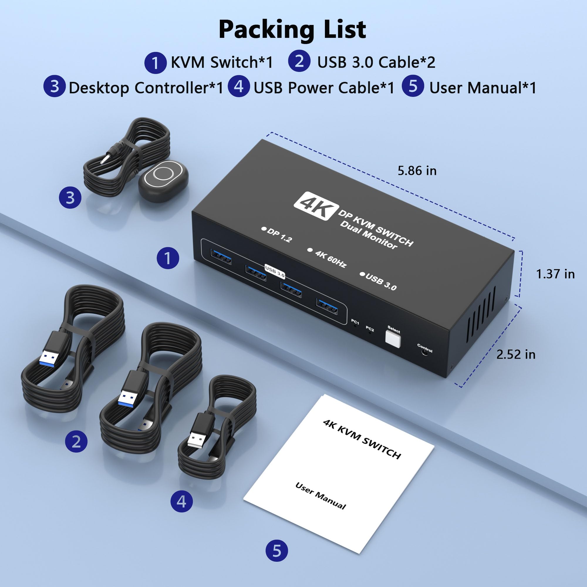 DisplayPort KVM Switch 2 monitory, 2 komputery, 4K 60 Hz, USB3.0 KVM Switch Display Port na 2 komputery, dwa monitory i 4 urządzenia USB, przełącznik do 2 komputerów