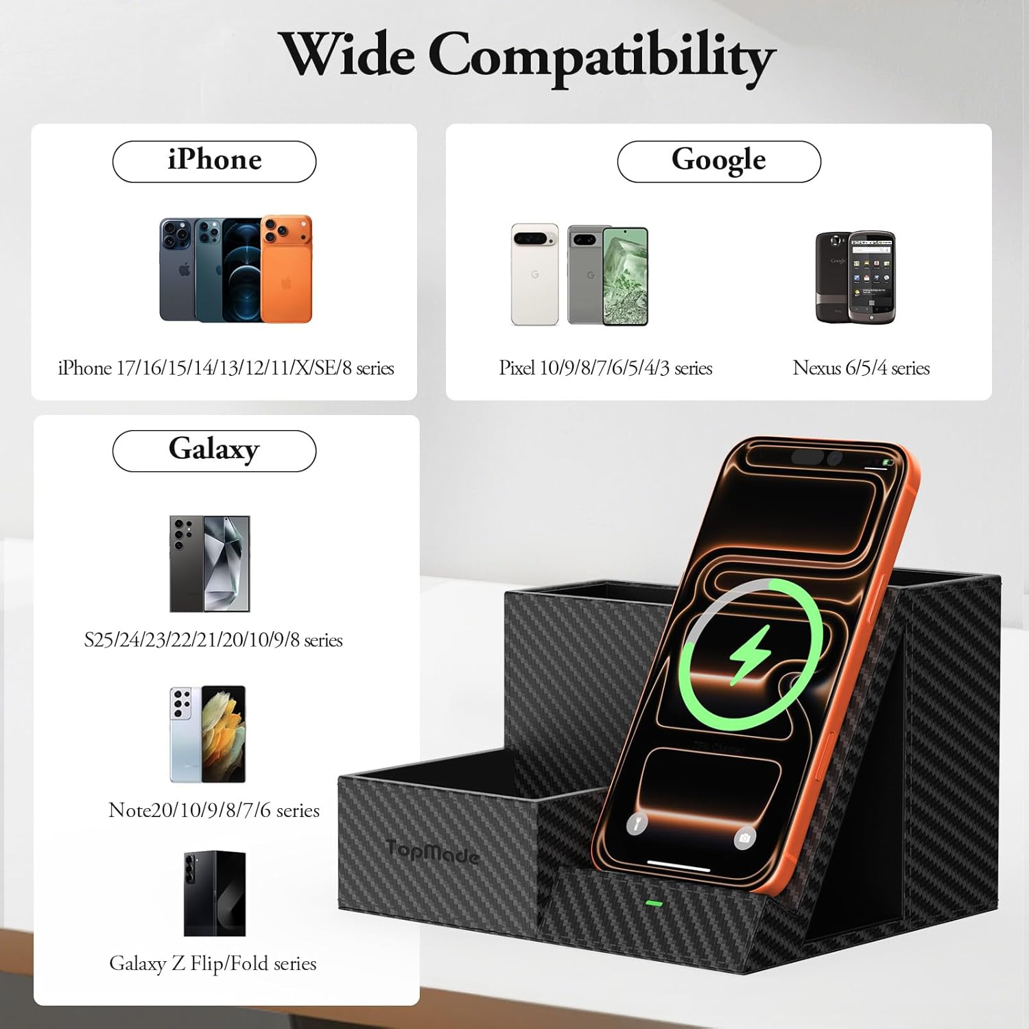 TopMade Wireless Charger Nightstand Organizer, Multi-Functional Pen/Pencil/Remote Holder for Desk, Leather Desktop Organizers, Home Office Supplies Fast Phone Charging Stand, Black Carbon Fiber