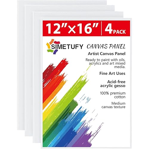 Simetufy 4 Pack Flat Canvas Boards for Painting 12x16 inch Canvas Panels, Gesso Primed Acid-Free 100% Cotton for Acrylics Oil Watercolor Tempera Paints