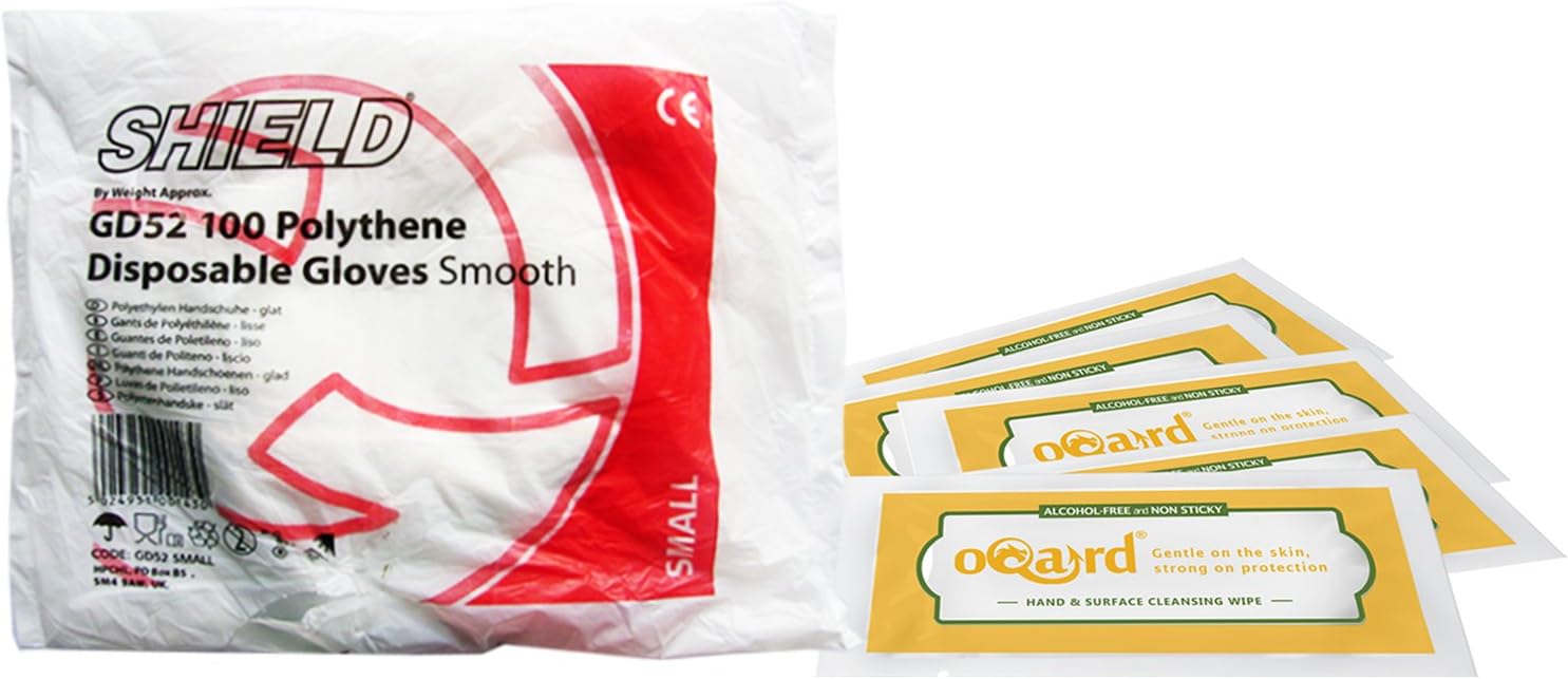 10 x 100 Shield Polythene Disposable Gloves, Smooth, Small with 5 x Oqard Antibacterial Wipes