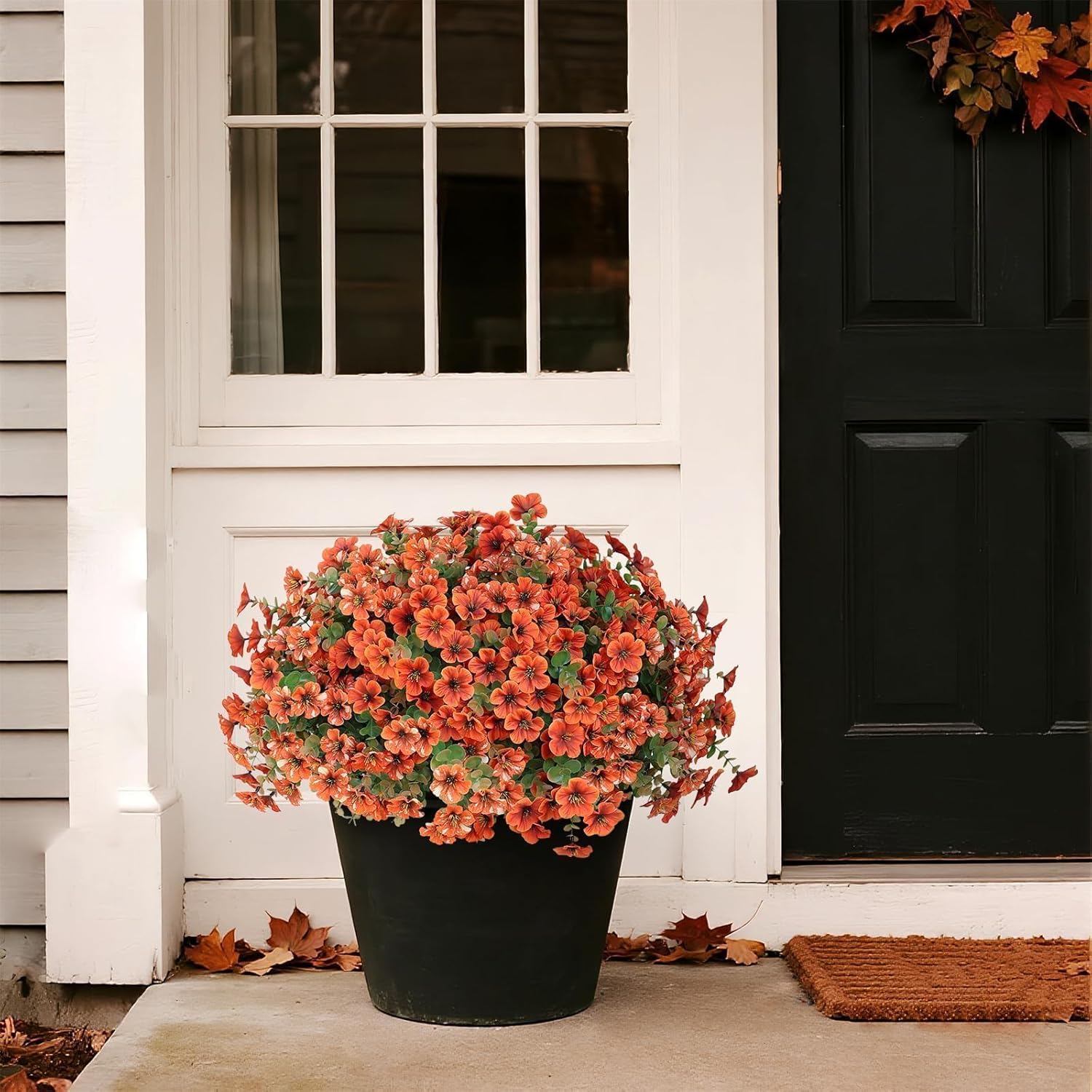 Artificial Flowers for Outdoor Fall Decoration-Faux Flower Petunia with Eucalyptus Fake Plants Boxwood for Front Door Planter Home Garden Porch Patio Thanksgiving Autumn Decor-12 Bundles (Orange) - Image 2