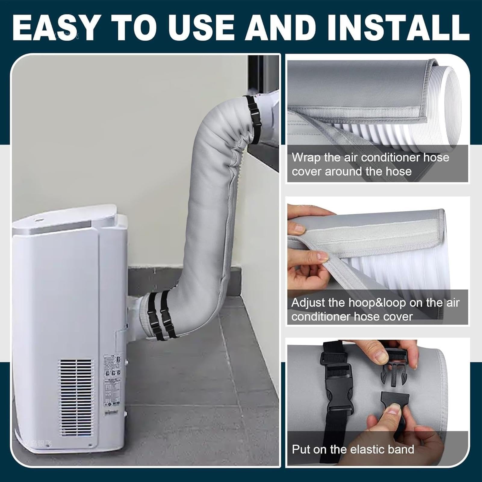 Manchon d'isolation Portable pour Tuyau AC, 150x53cm Couvercle de Tuyau de Climatisation Portable, Facile à Installer avec 3 sangles Réglables pour Gaine Évacuation Climatisation Ø 130mm & 150mm