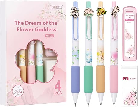 Cute Floral Mechanical Pencils Set Include 4Pcs Kawaii Mechanical Pencils,Mechanical Pencil Lead Refills,Erasers, 0.5mm Kawaii Floral Mechanical Pencil School Pencil Floral Gifts for Women Man