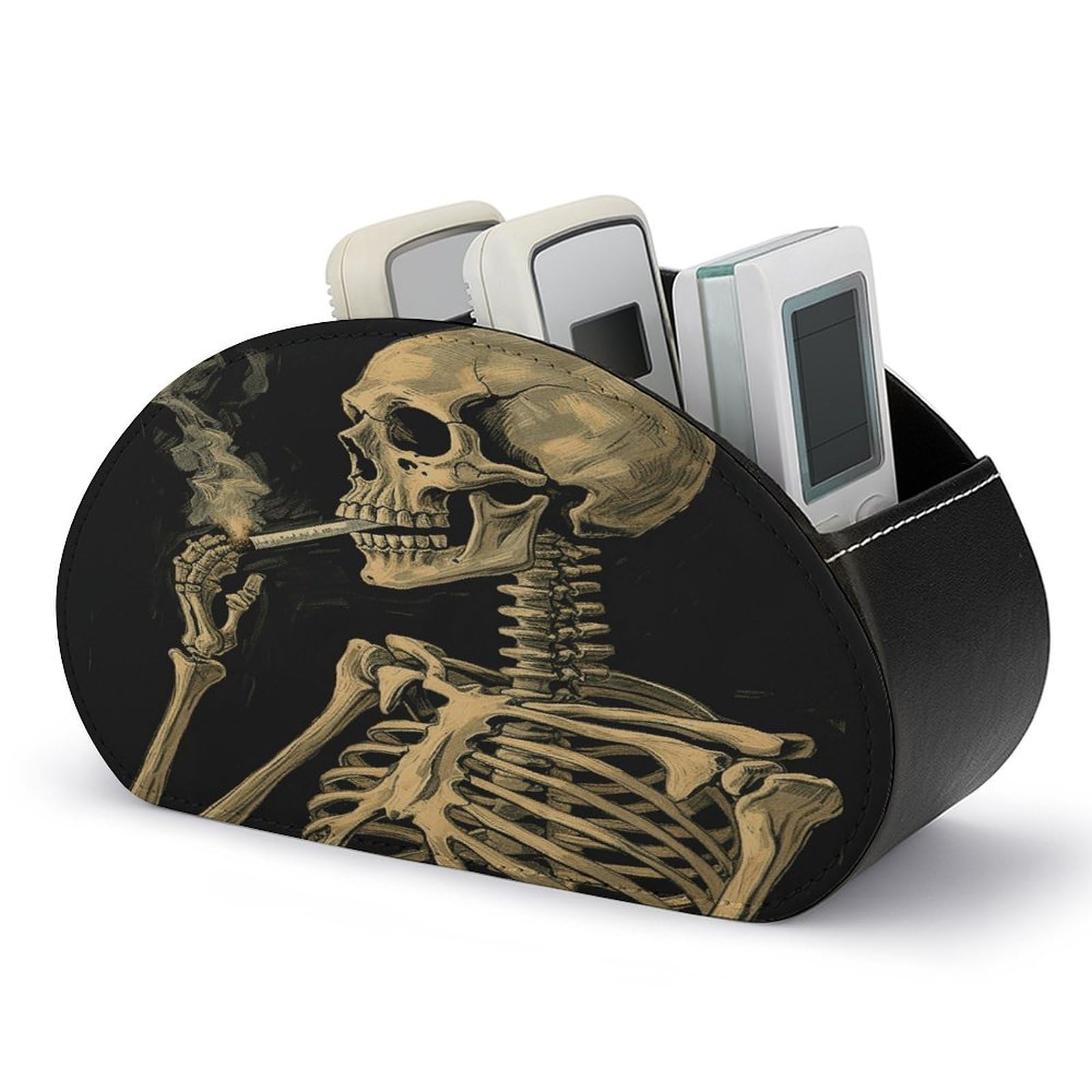 VstaDank A Skeleton with Burning Cigarette Remote Control Holder with 5 Compartments PU Leather Remote Caddy Desktop Organizer Store TV Remote Control Storage Box for Home Office Desk Nightstand