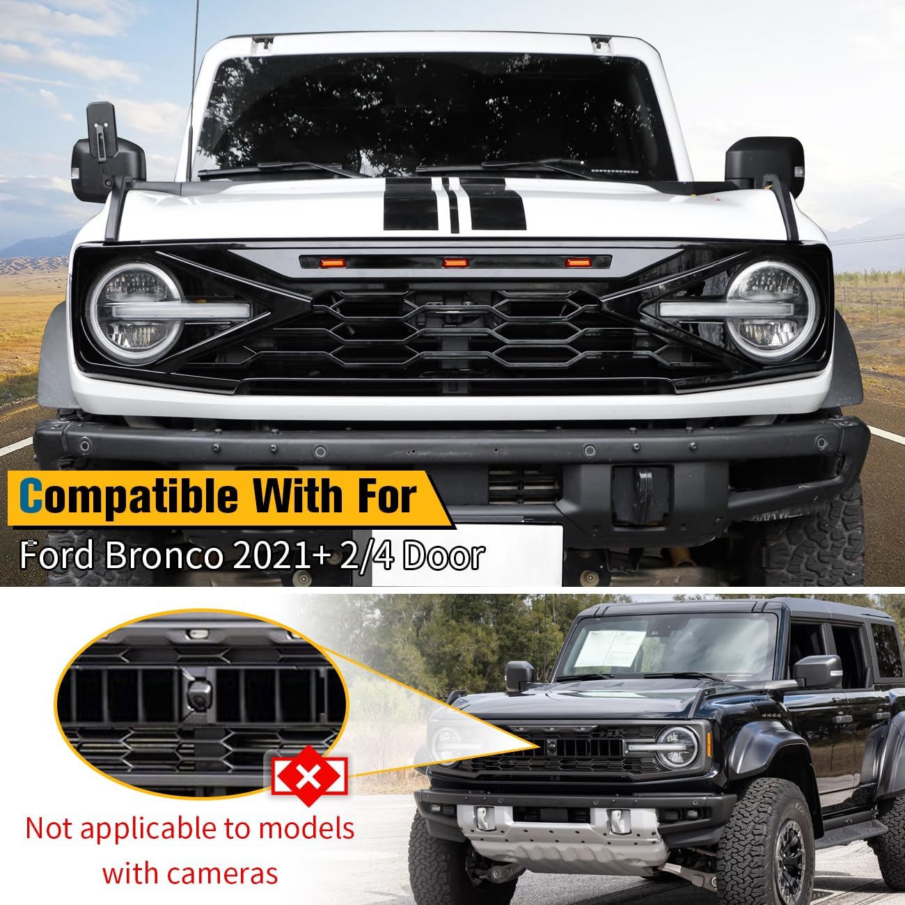 Glossy Black Front Grille Grill Kits With Amber LED Grill Lights Compatible With For Ford Bronco 2021 2022 2023 2024 2025 2 Door 4 Door Front Bumper Grille Accessories