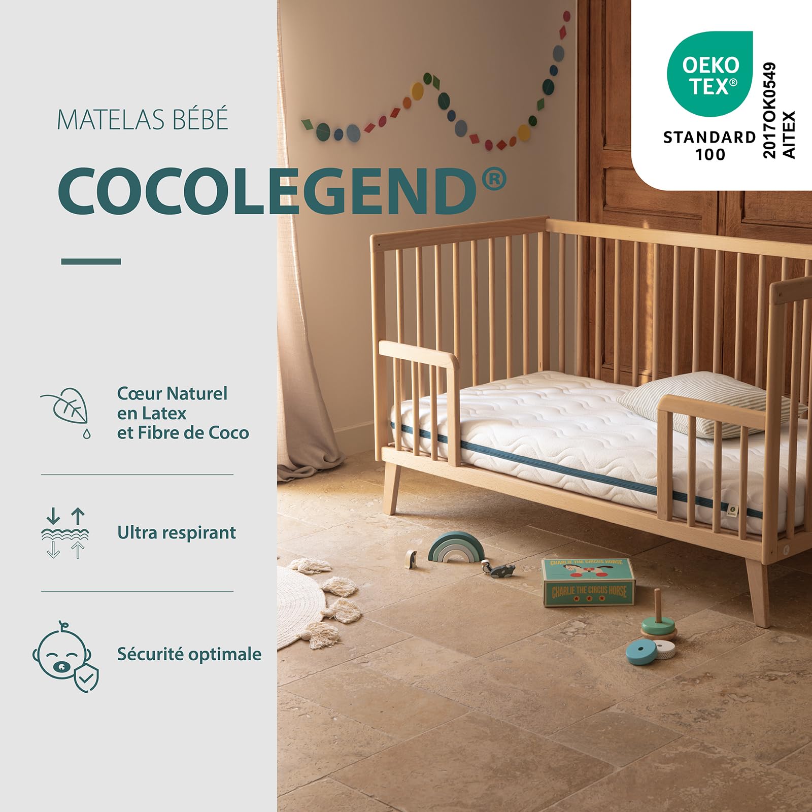 Kadolis - Babymatratze 60x120x12 cm COCOLEGEND - Kokos und Naturlatex - Abnehmbarer Bezug - Atmungsaktiv, fest und komfortabel - Ohne chemische Behandlung - Oeko-TEX Zertifiziert