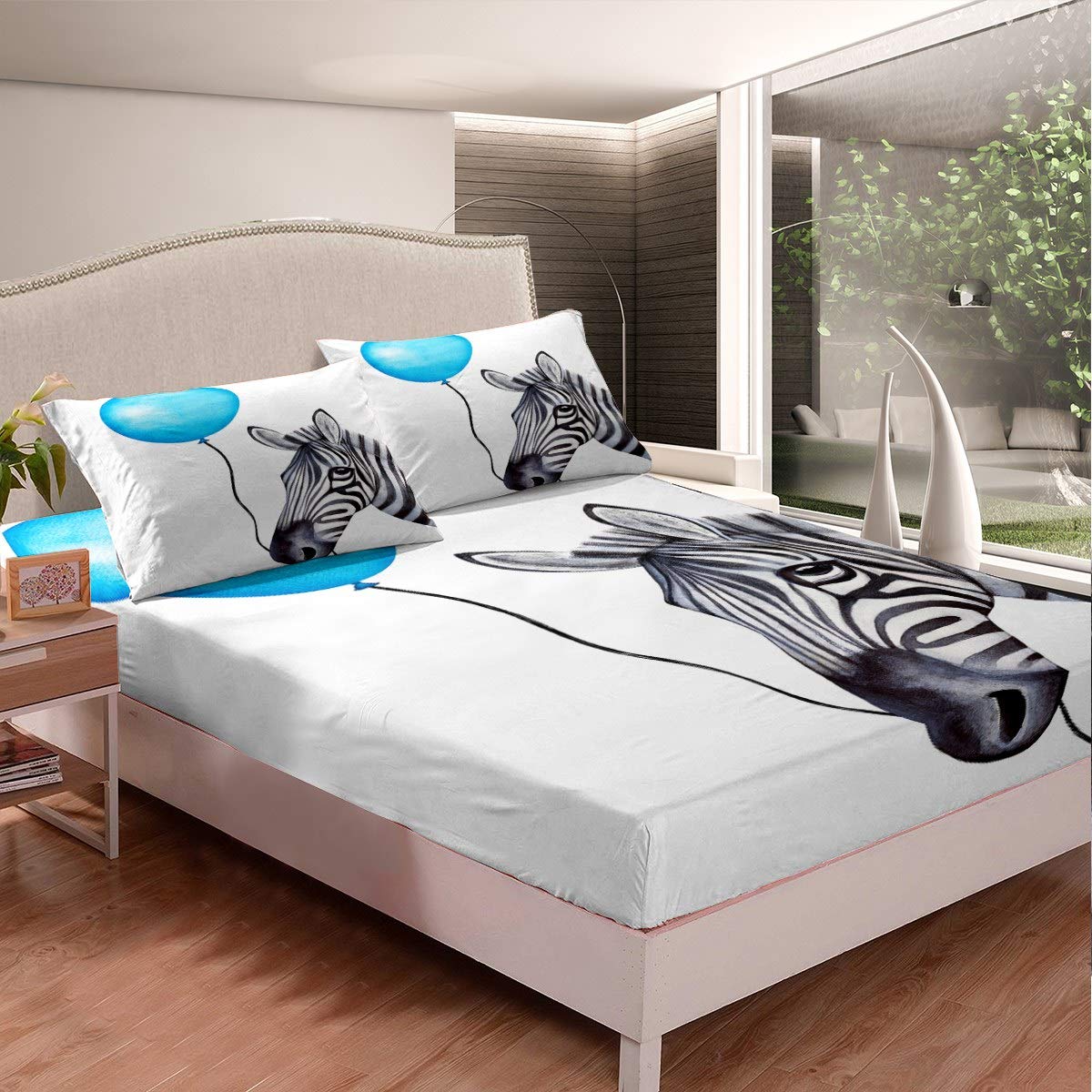 Set di biancheria da letto con motivo zebrato a palloncino, per bambini, ragazzi, ragazze, con motivo a righe, colore: bianco, 3 pezzi