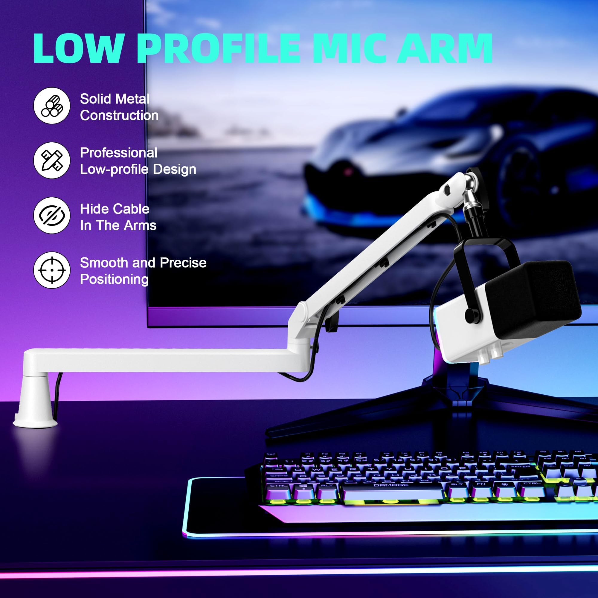 Braccio microfono a basso profilo braccio braccio microfono professionale regolabile solido supporto da scrivania morsetto gestione cavi supporto microfono per podcast streaming gaming studio