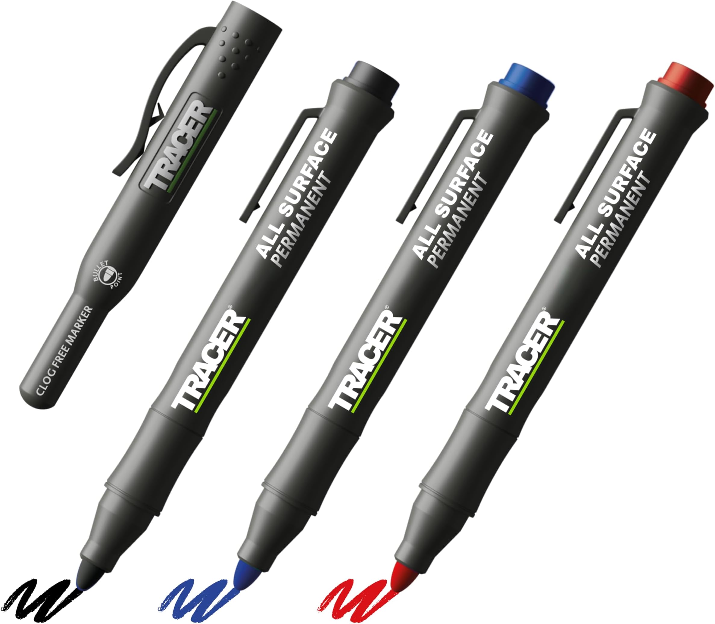 Tracer Clog-Free Construction Marker Kit Site Holster (All-Purpose Markers perfect for shiny and dusty surfaces.) - Black, Blue, and Red