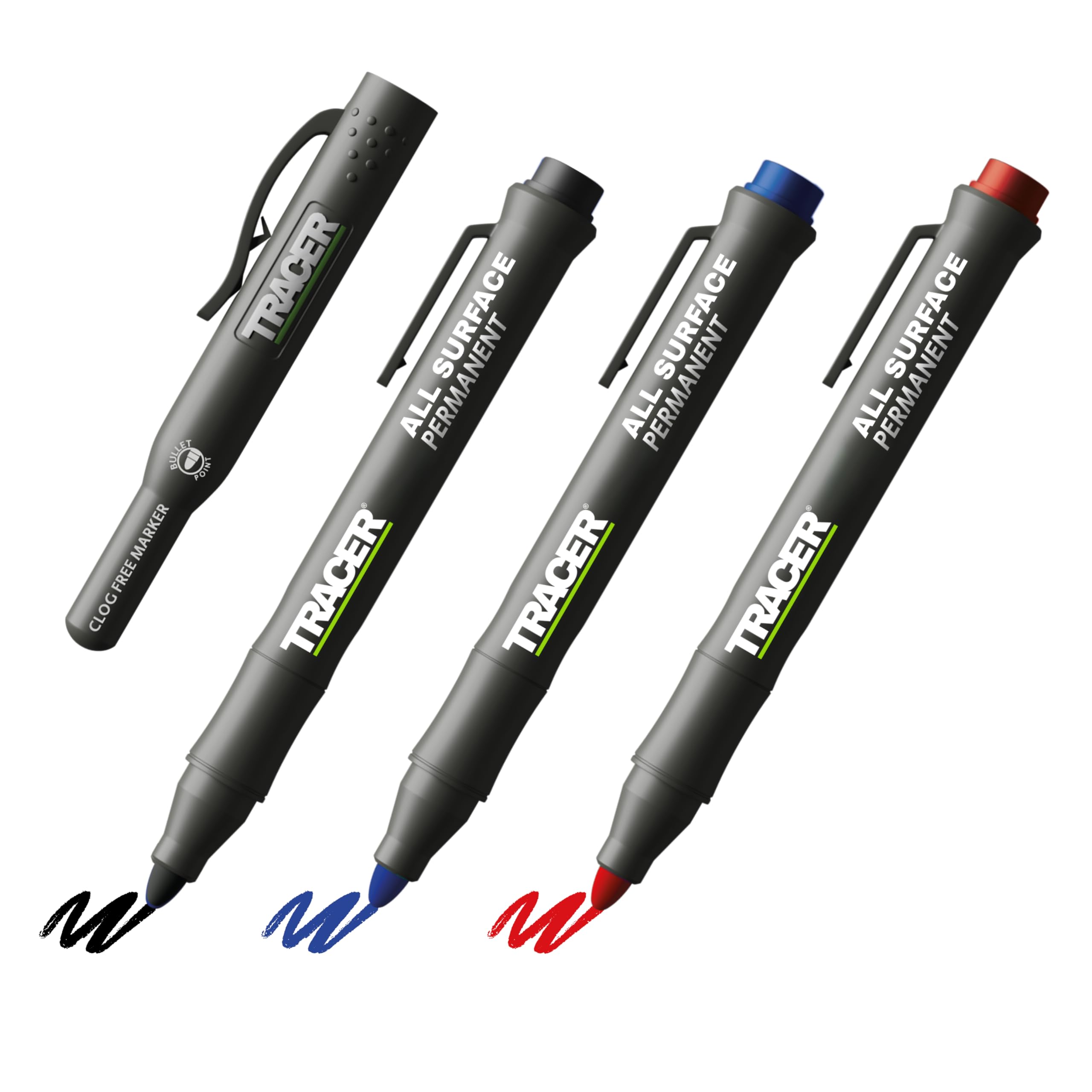 TRACER Clog-Free Construction Marker Kit with Holster for Concrete Marking and Construction applications - perfect for shiny and dusty surfaces - Black, Blue, and Red Construction Pens