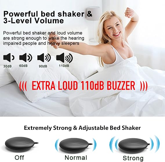 Extreme Powerful Vibration Alarm Clock + Extra Loud Alarm for Heavy Sleeper/Deaf/Hearing Impaired, Extra Large Display for Elderly with Dual Alarm, Snooze and 5-level Adjustable Brightness (BLACK)