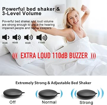 Extreme Powerful Vibration Alarm Clock + Extra Loud Alarm for Heavy Sleeper/Deaf/Hearing Impaired, Extra Large Display for Elderly with Dual Alarm, Snooze and 5-level Adjustable Brightness (BLACK)
