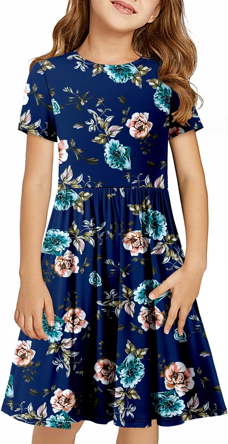 storeofbaby Girls Short Sleeve Dress Casual A Line Twirly Skater Dresses 4-13 Years - Image 2