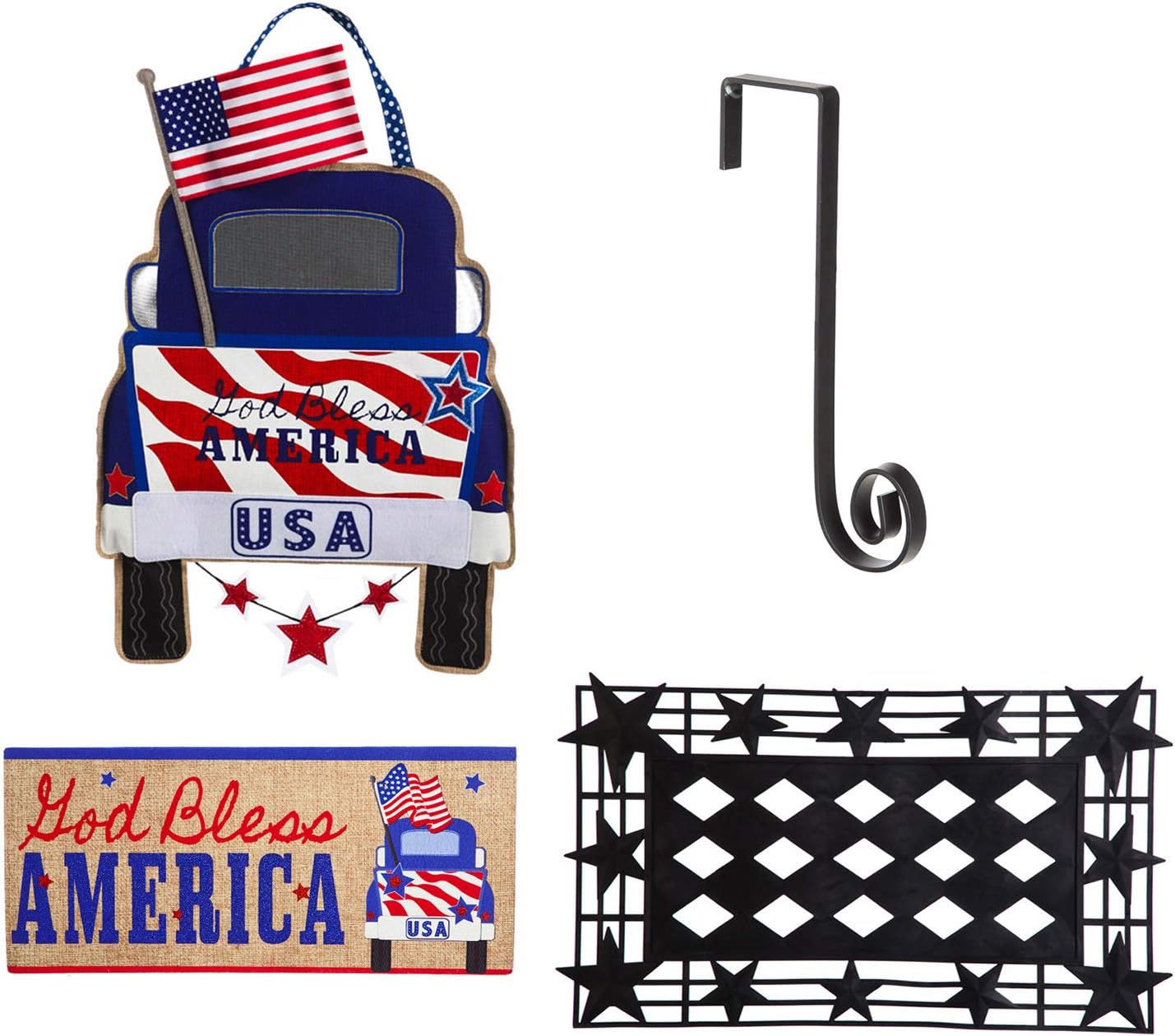 Evergreen Flag Indoor Outdoor Patriotic 4th of July Bundle Set of 4 - Door Hanger Door Decor Truck Sassafras Doormat Frame and Sassafras Insert