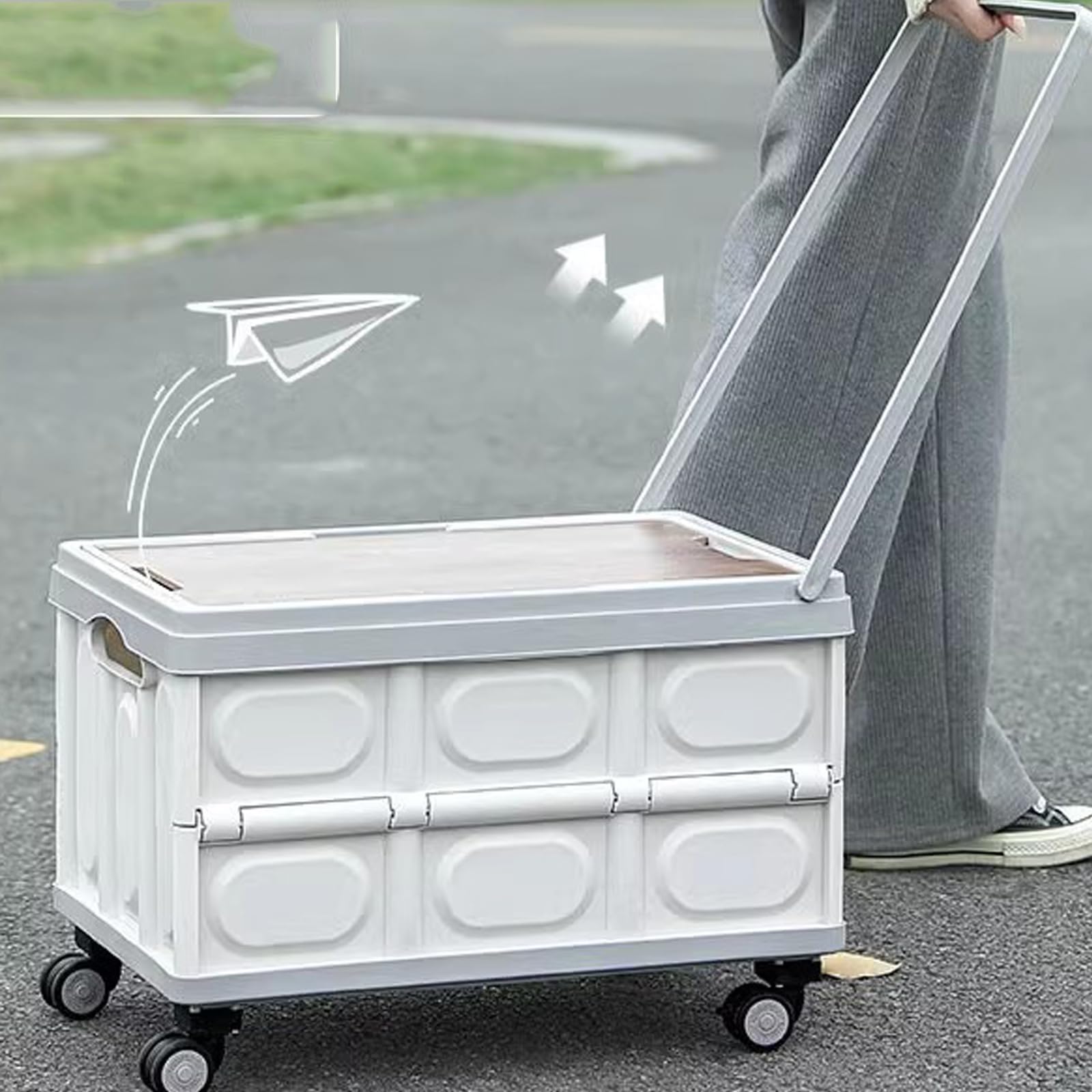 Caja de plástico plegable con ruedas, caja de almacenamiento plegable para comestibles, camping y compras, maletero de plástico duro con ruedas