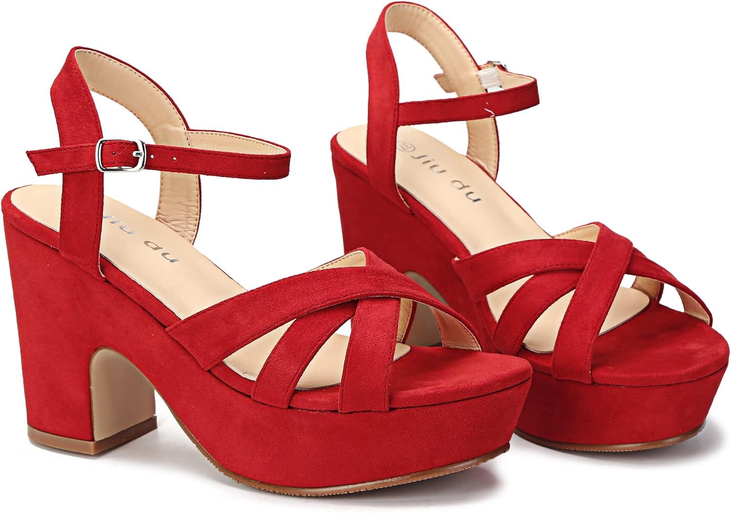 Jiu du Women's Platform Heels Sandals Open Toe Wedge Heels Suede Ankle Strap Chunky Heels Wedding Dressy Party Pumps - Image 4