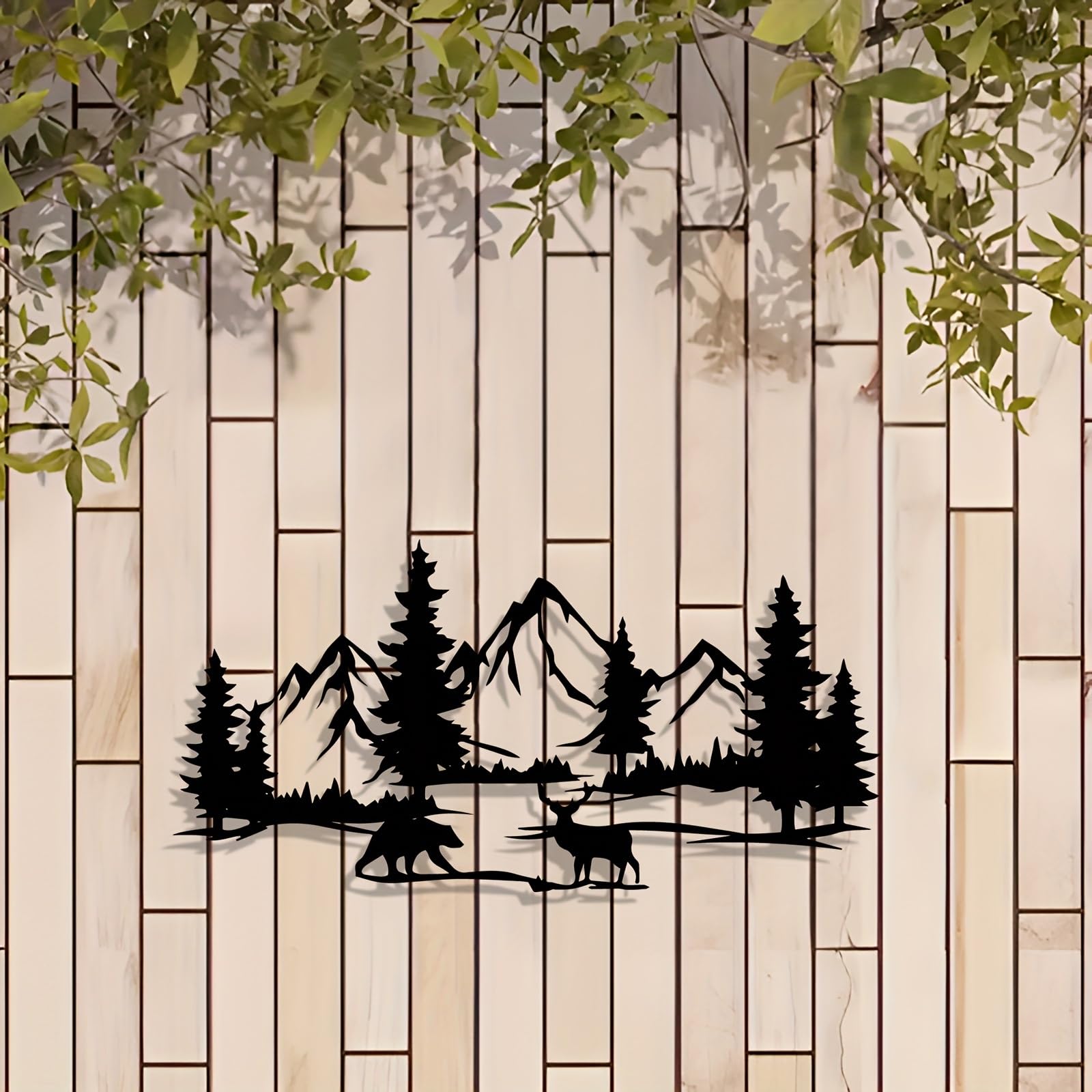 Decoración de pared abstracta contemporánea de metal, arte moderno de hierro con bosque de montaña, pinos y silueta de oso: mural duradero para interiores y exteriores, ideal para casas de campo,
