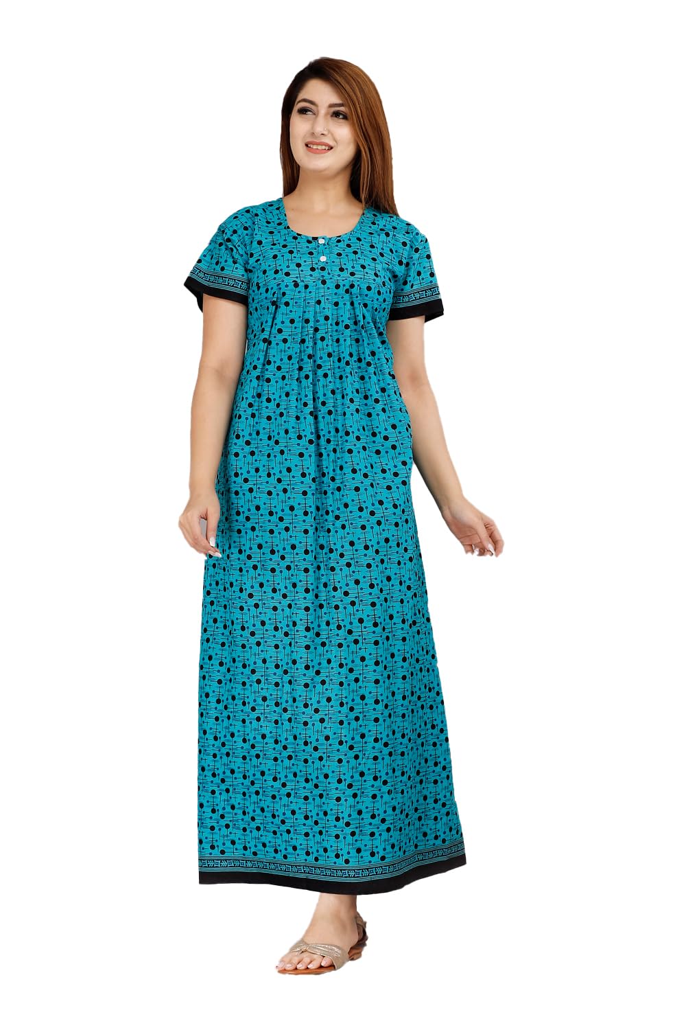 Cotton Stylish Nighty for Women Full Length 2 Button Round Neck Nightdress Short Sleevess Printed Night Gown-image-28