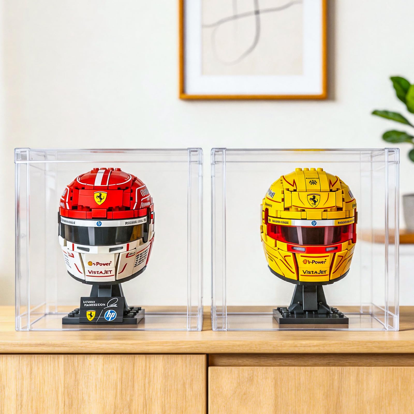 BRIKSMAX Lot de 2 vitrines avec housse anti-poussière pour casque LEGO Botanical Series et Ferrari HP, vitrine transparente pour bonsaï, plantes grasses, sapin de Noël et casque, 20,1 x 20,1 x 20,1 cm